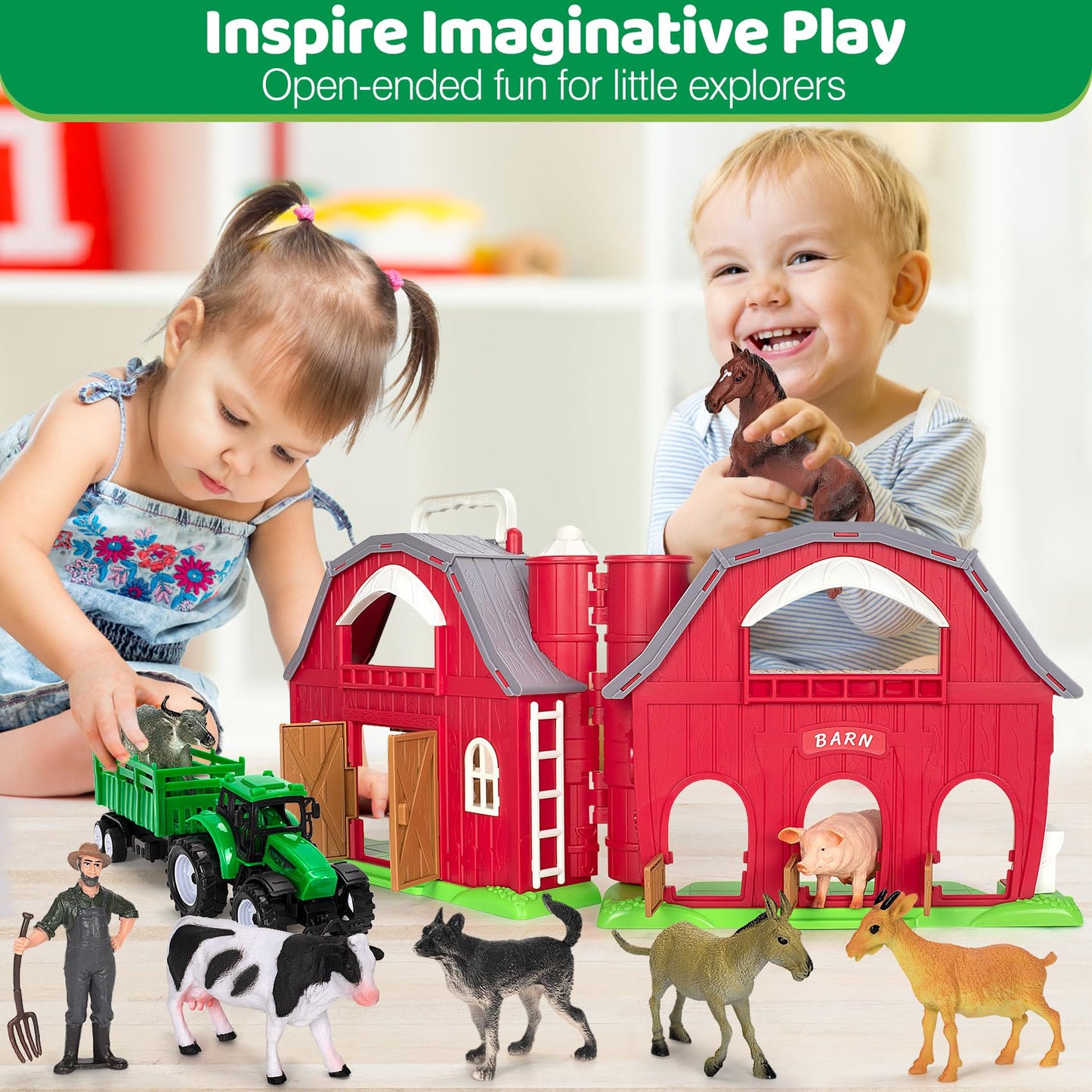 Ellinjan Farm Animals Toy Set – Big Red Barn Playset for 1-5 Year Olds | Educational & Durable