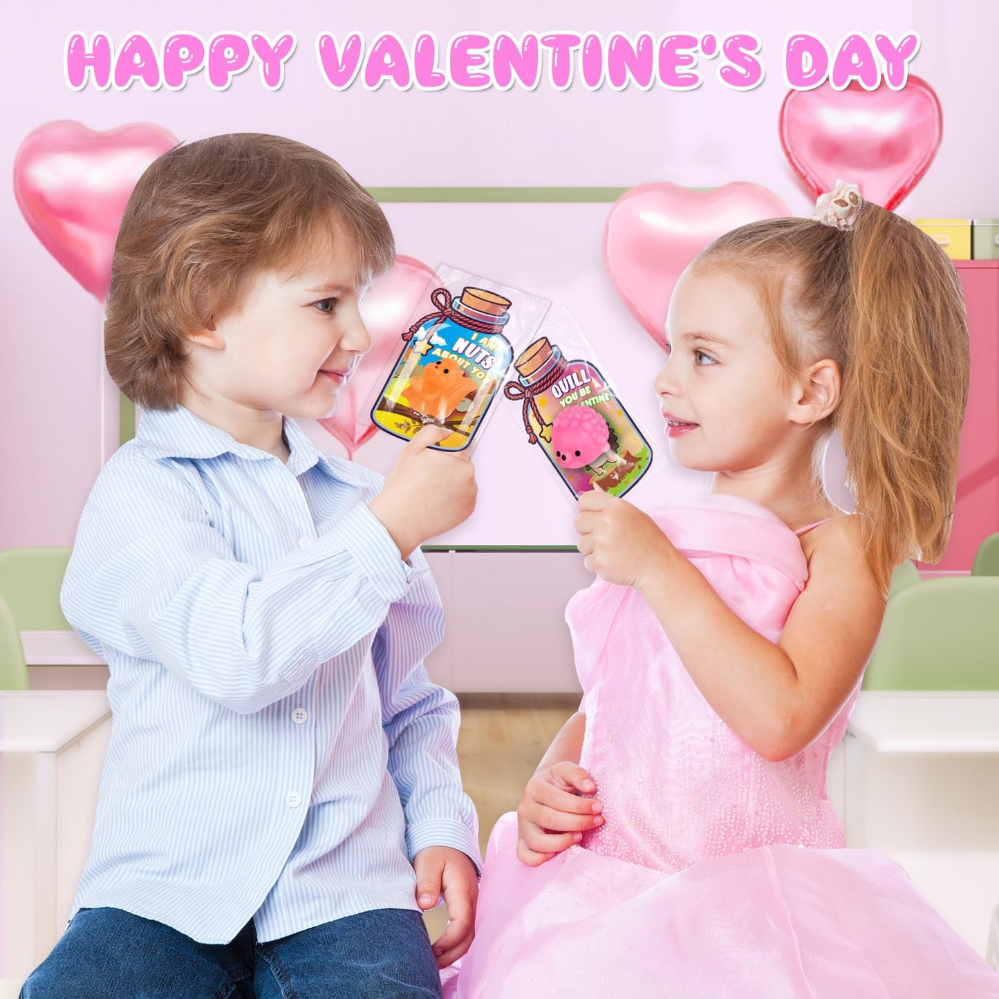 Ellinjan Valentines Day Classroom Gift Set – 32 Glow-in-the-Dark Squishy Toys & Cards
