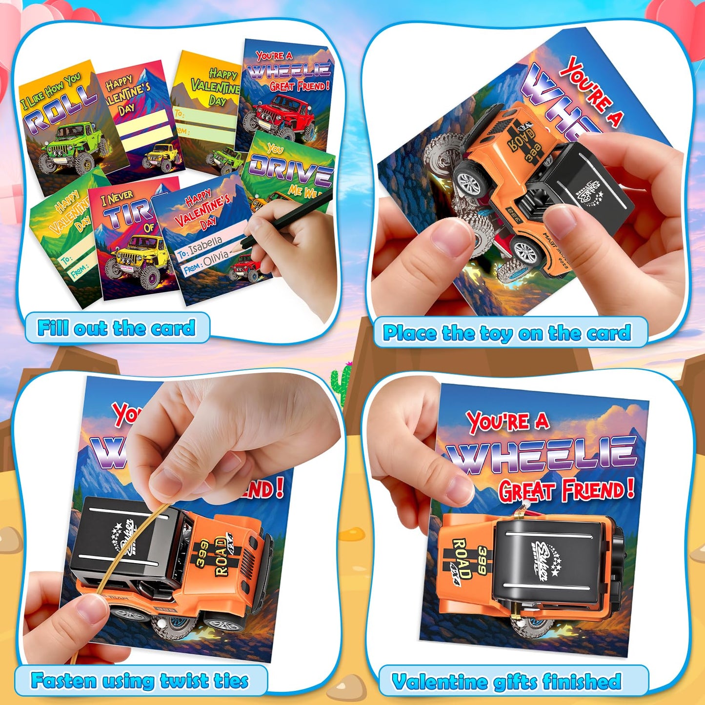 Ellinjan 24-Pack Valentines Cards with Pull-Back Cars – Classroom Gifts for Kids