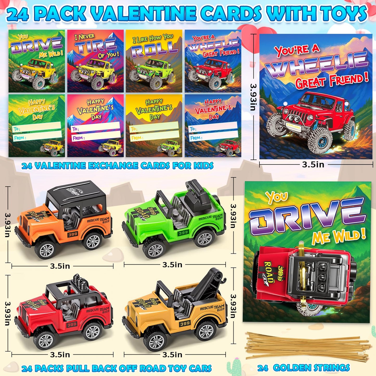 Ellinjan 24-Pack Valentines Cards with Pull-Back Cars – Classroom Gifts for Kids