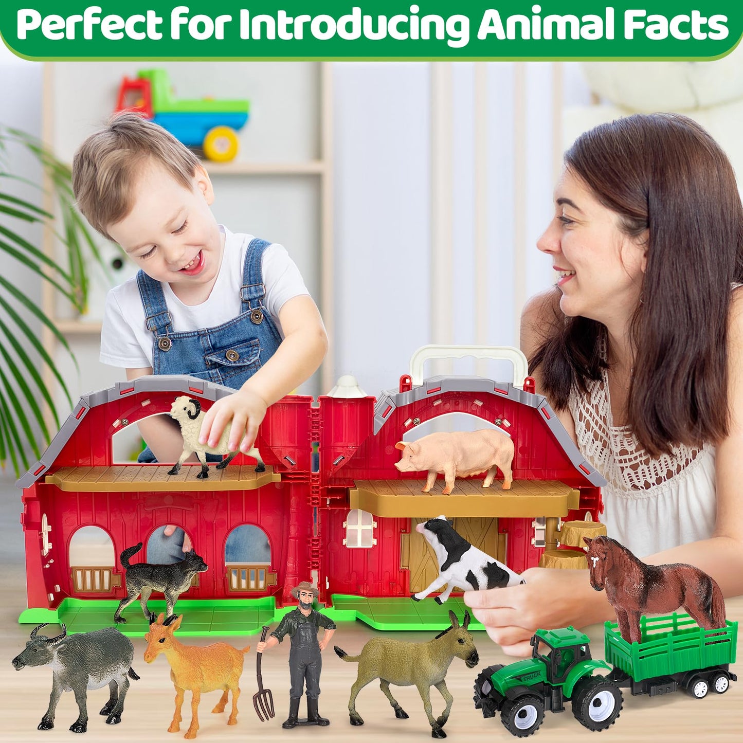 Ellinjan Farm Animals Toy Set – Big Red Barn Playset for 1-5 Year Olds | Educational & Durable