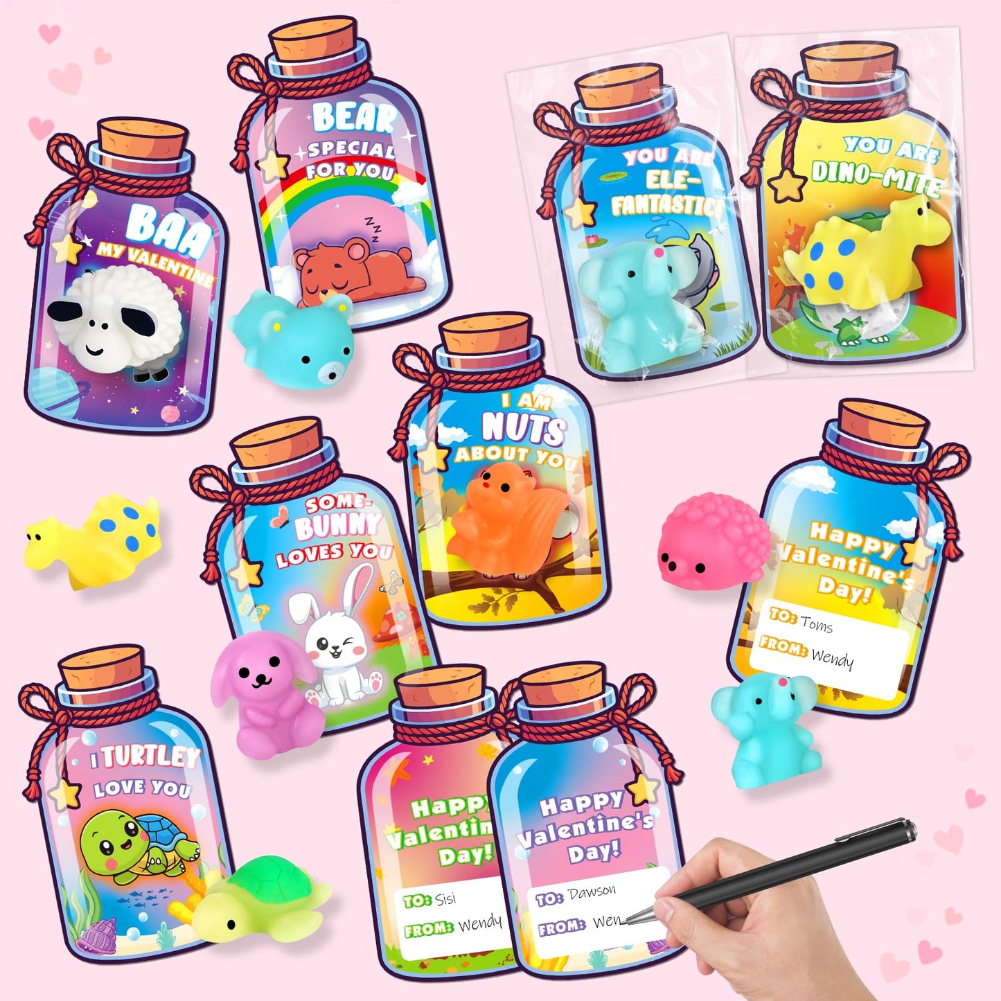 Ellinjan Valentines Day Classroom Gift Set – 32 Glow-in-the-Dark Squishy Toys & Cards