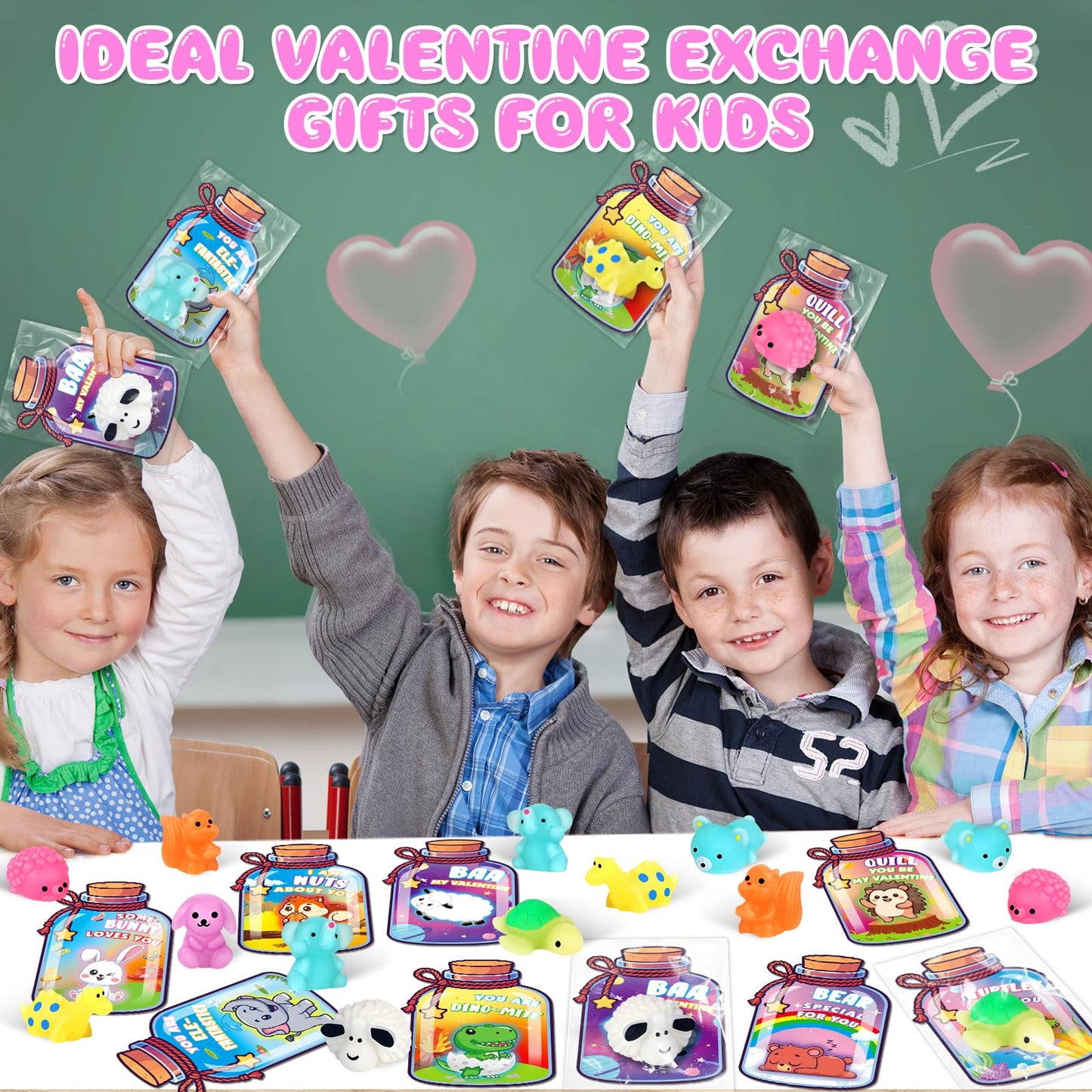 Ellinjan Valentines Day Classroom Gift Set – 32 Glow-in-the-Dark Squishy Toys & Cards