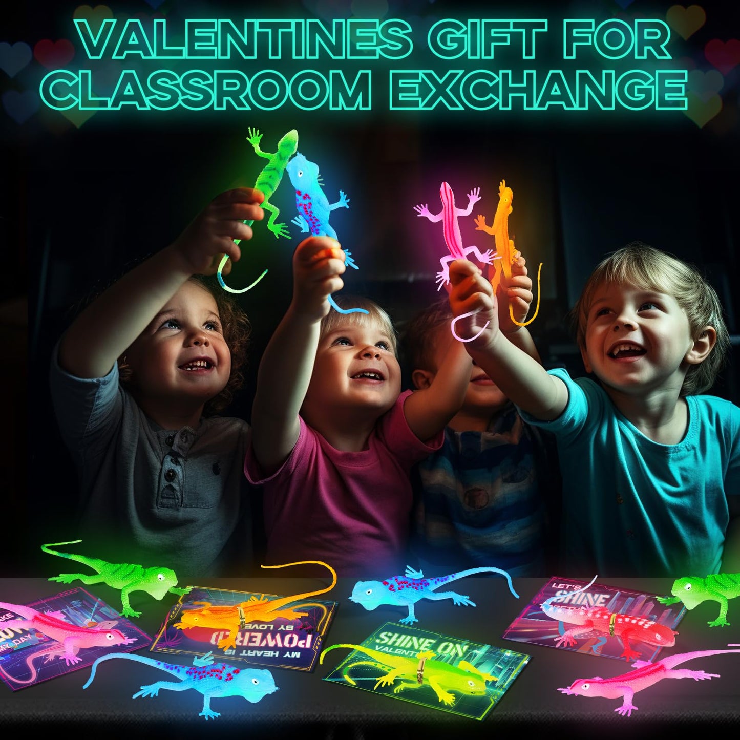 Ellinjan Valentines Day Cards with Glow-in-the-Dark Lizards | 24-Pack Classroom Gift Set