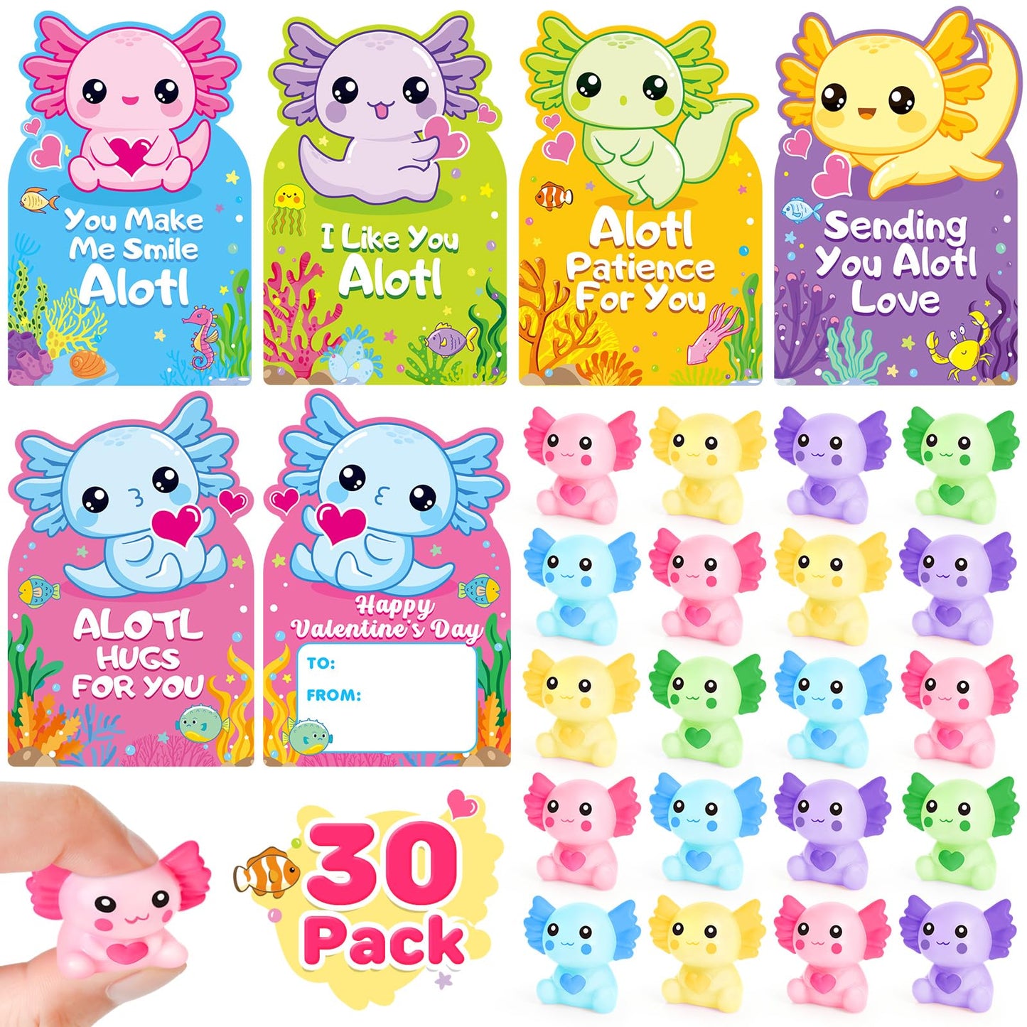 Ellinjan Valentines Day Classroom Set – 30 Cards & Axolotl Squeeze Toys