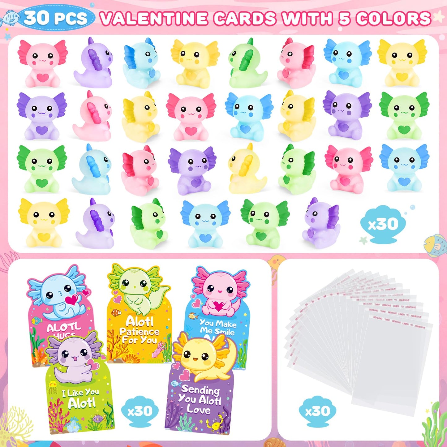 Ellinjan Valentines Day Classroom Set – 30 Cards & Axolotl Squeeze Toys