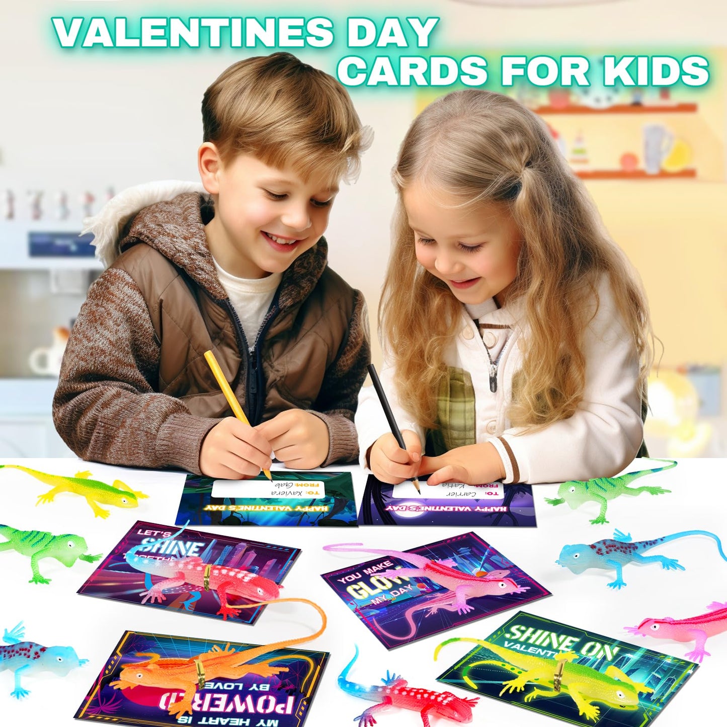 Ellinjan Valentines Day Cards with Glow-in-the-Dark Lizards | 24-Pack Classroom Gift Set