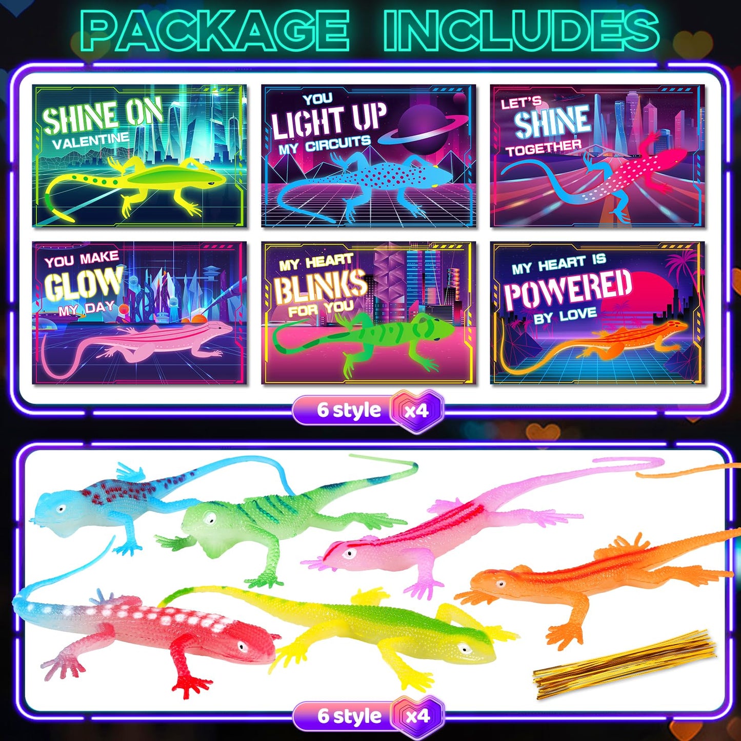 Ellinjan Valentines Day Cards with Glow-in-the-Dark Lizards | 24-Pack Classroom Gift Set