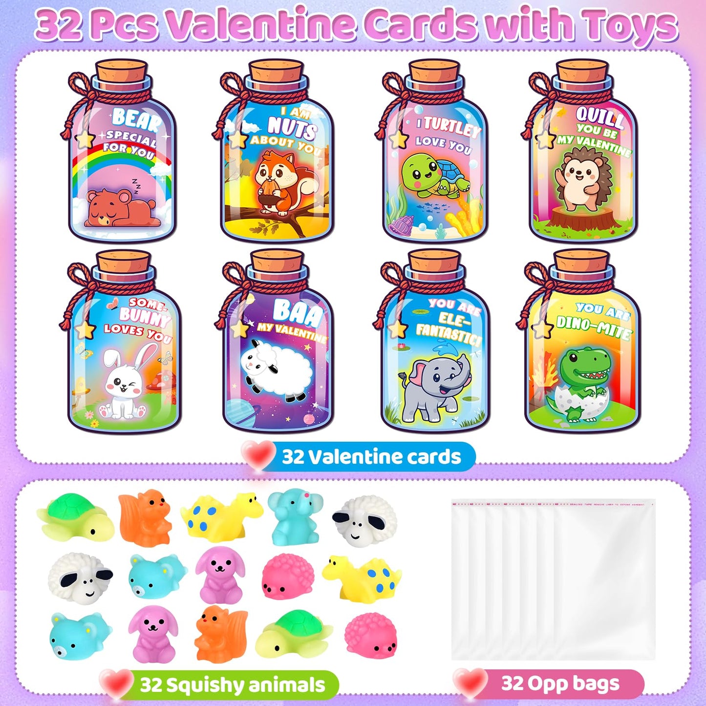 Ellinjan Valentines Day Classroom Gift Set – 32 Glow-in-the-Dark Squishy Toys & Cards