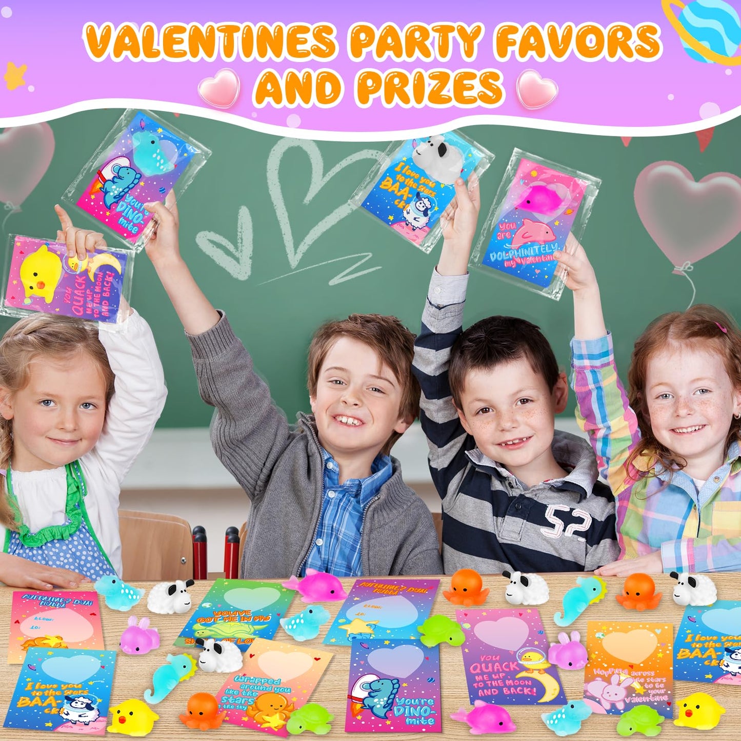 Ellinjan Valentines Day Gifts for Kids – 32-Pack Cards & Glow-in-the-Dark Squishy Toys