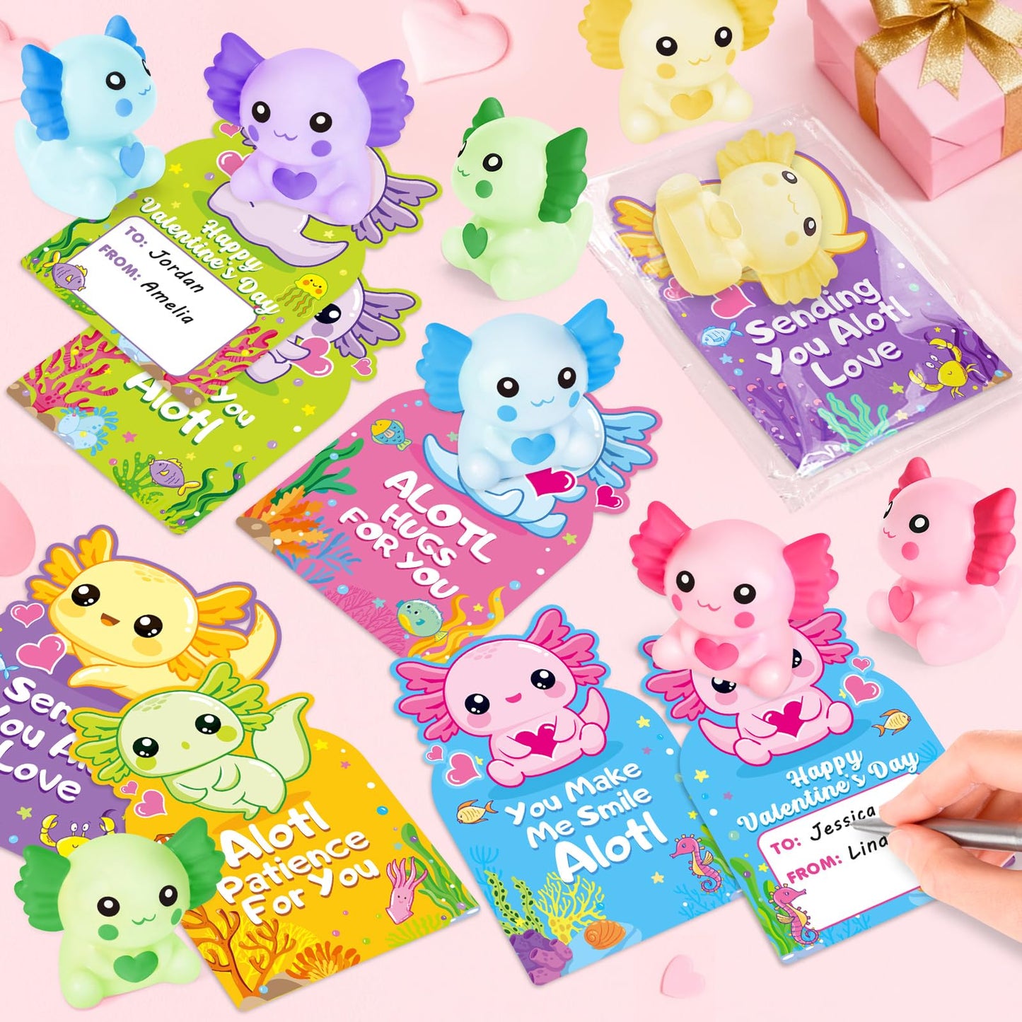 Ellinjan Valentines Day Classroom Set – 30 Cards & Axolotl Squeeze Toys