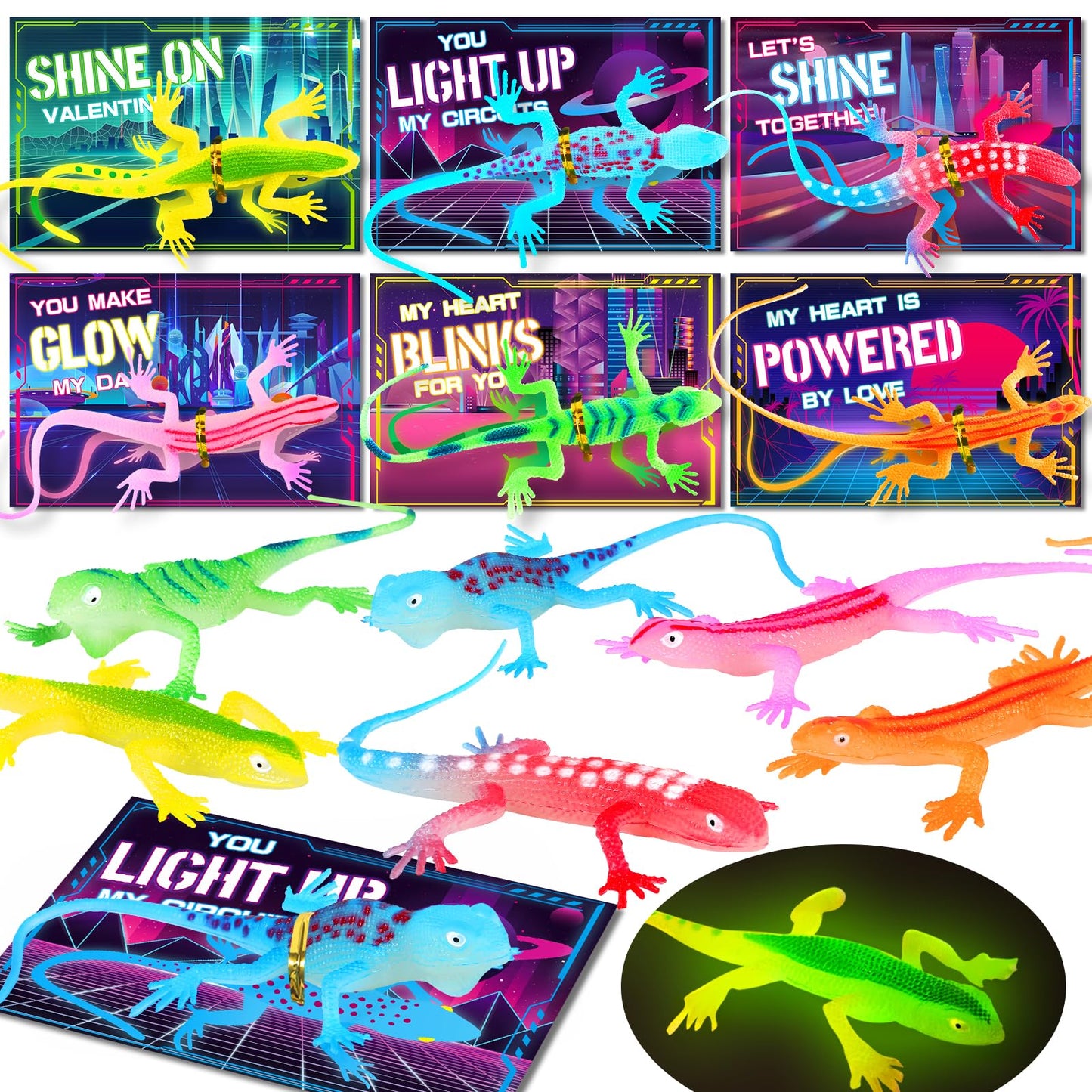 Ellinjan Valentines Day Cards with Glow-in-the-Dark Lizards | 24-Pack Classroom Gift Set