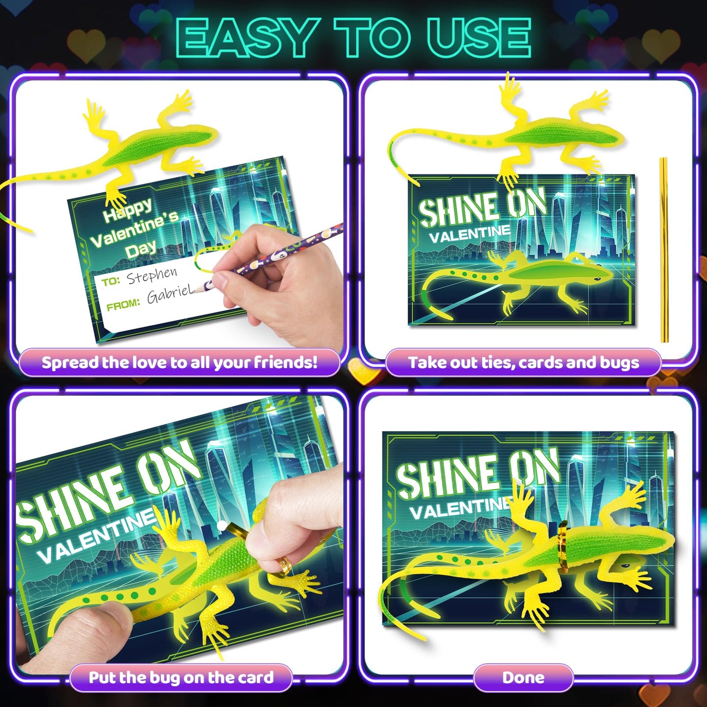 Ellinjan Valentines Day Cards with Glow-in-the-Dark Lizards | 24-Pack Classroom Gift Set