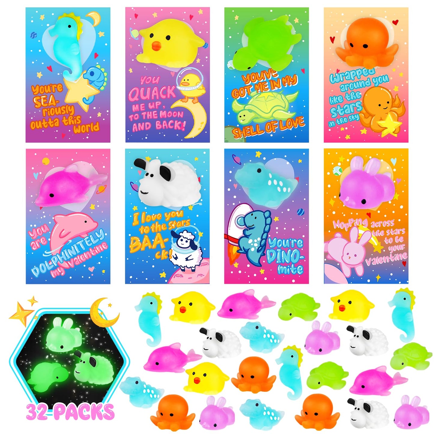 Ellinjan Valentines Day Gifts for Kids – 32-Pack Cards & Glow-in-the-Dark Squishy Toys