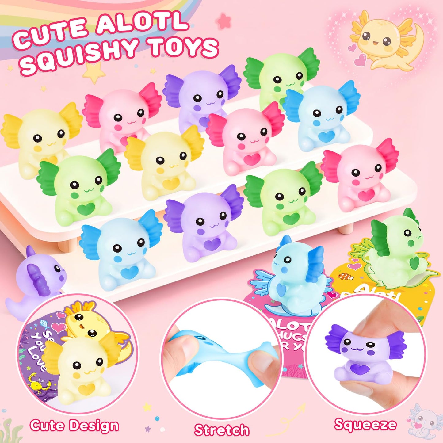 Ellinjan Valentines Day Classroom Set – 30 Cards & Axolotl Squeeze Toys