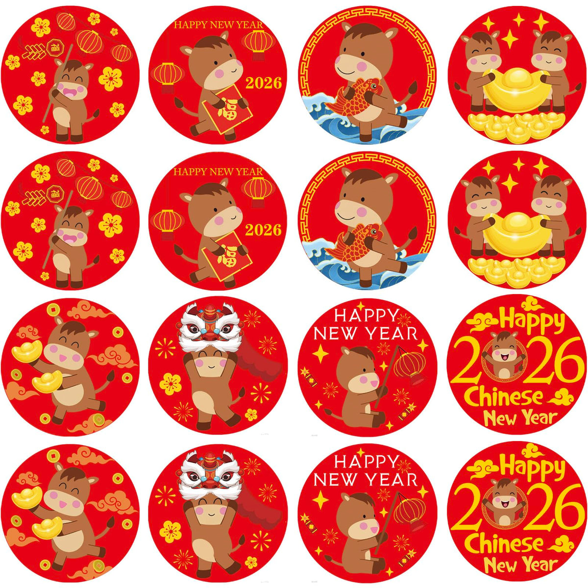 ELLZK Chinese New Year Candy Sticker Labels – 256 Round Horse Designs for 2026 Lunar New Year Party Decor