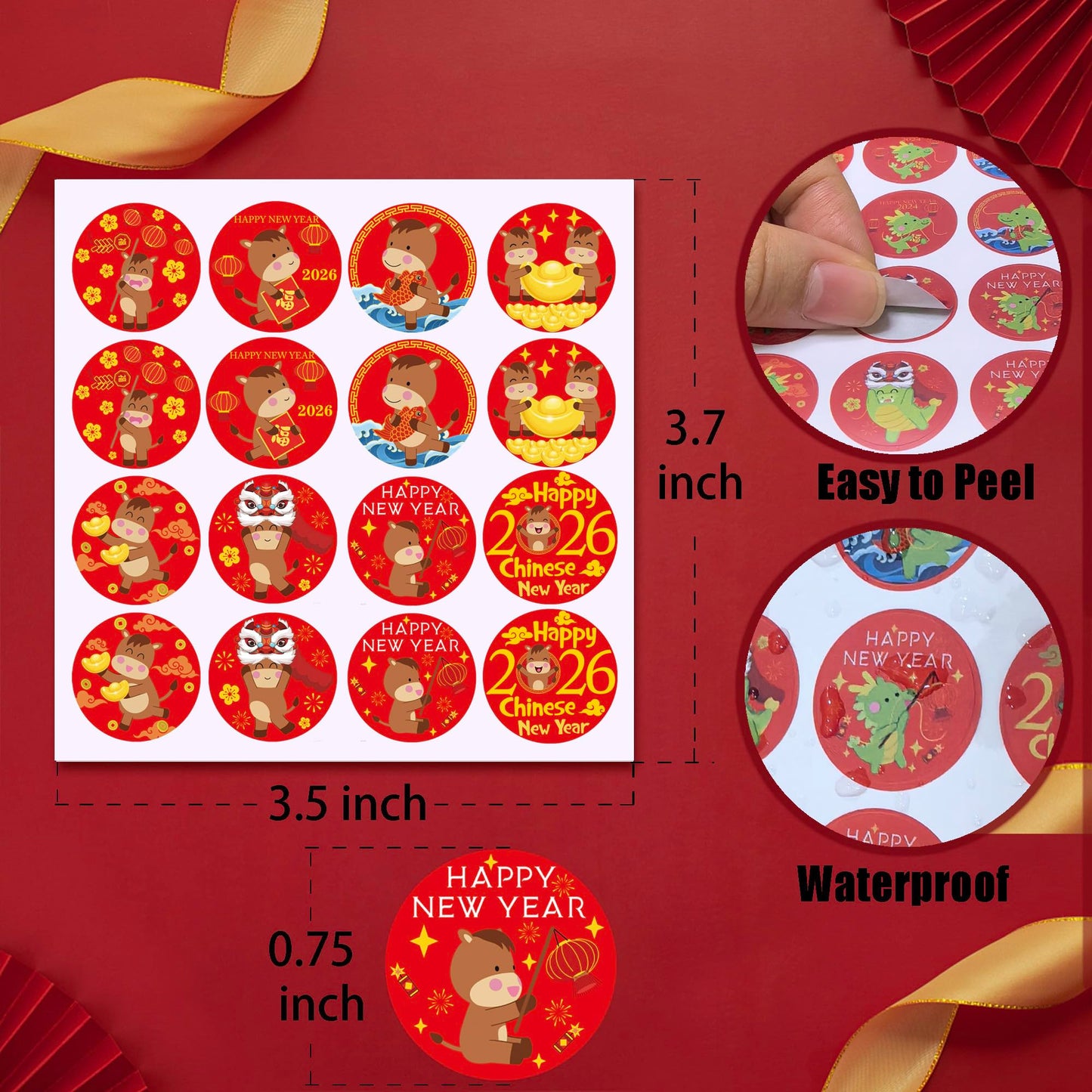 ELLZK Chinese New Year Candy Sticker Labels – 256 Round Horse Designs for 2026 Lunar New Year Party Decor