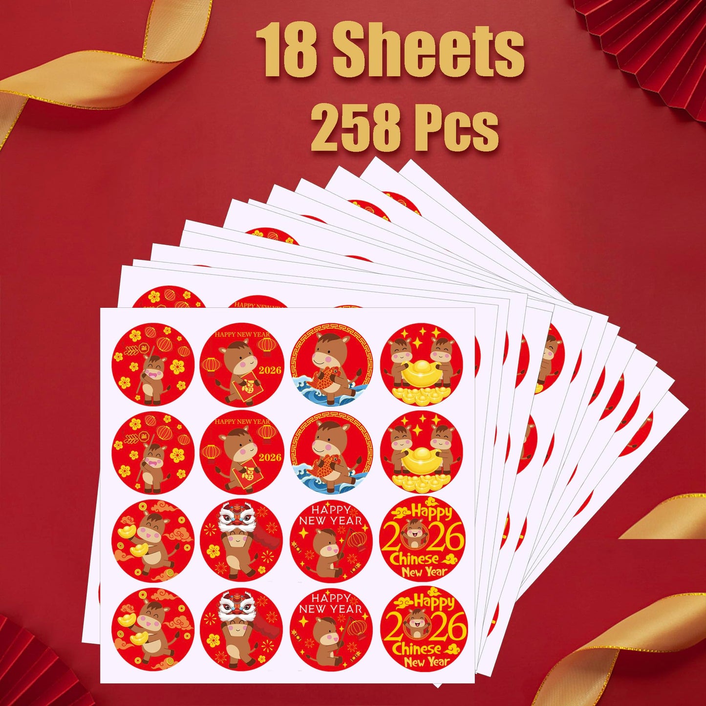 ELLZK Chinese New Year Candy Sticker Labels – 256 Round Horse Designs for 2026 Lunar New Year Party Decor
