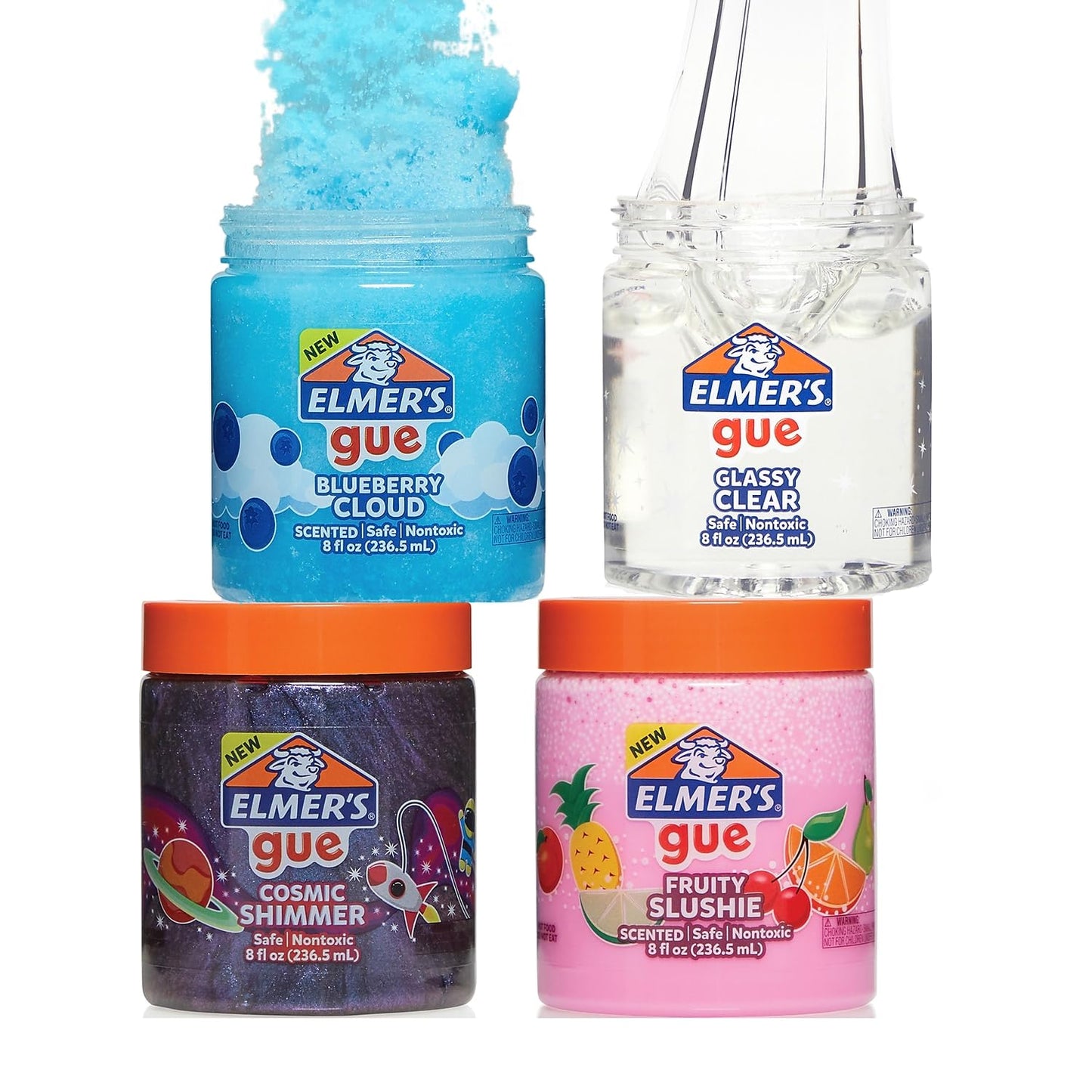 Elmer's Gue Premade Slime Variety Pack – Clear, Scented, Glitter Slime (4 Jars)