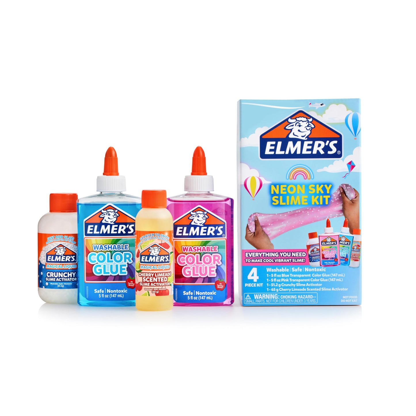 Elmer’s Neon Sky Slime Kit – 4-Piece Set with Blue & Pink Glue, Crunchy & Cherry Limeade Activators