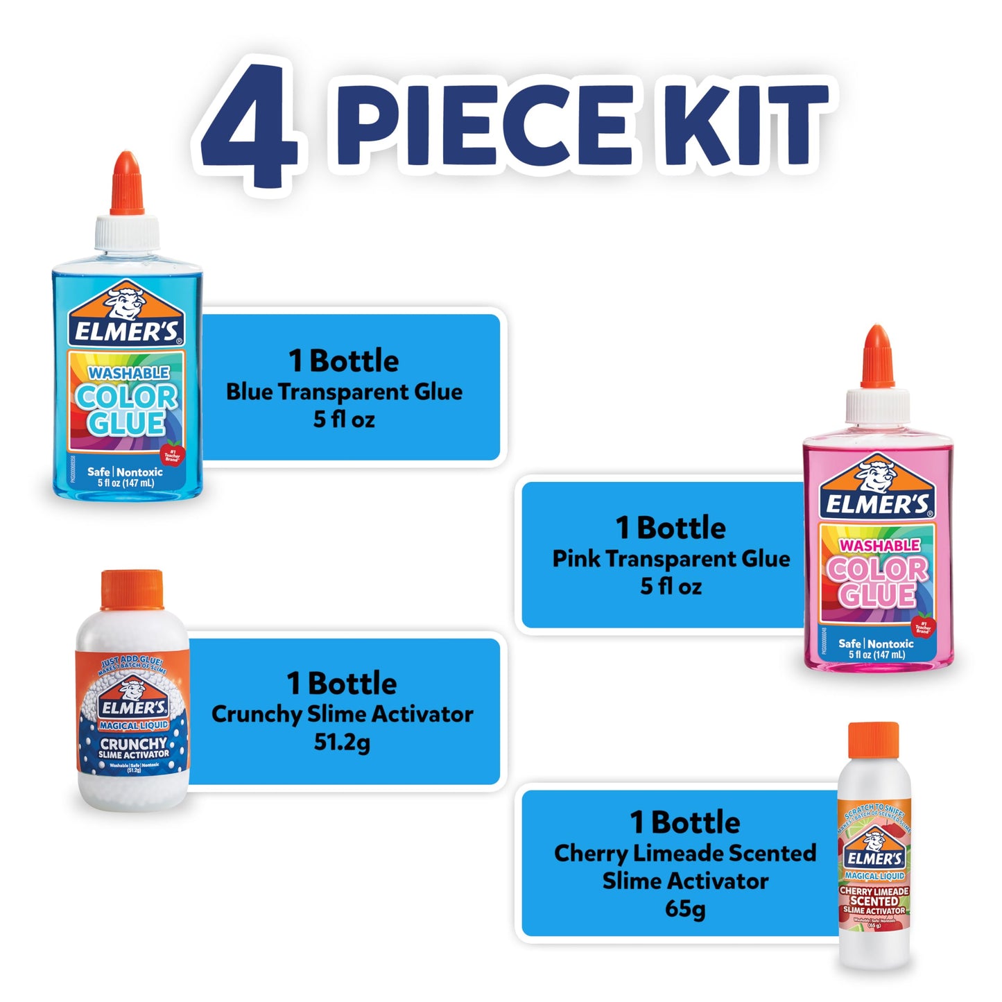 Elmer’s Neon Sky Slime Kit – 4-Piece Set with Blue & Pink Glue, Crunchy & Cherry Limeade Activators