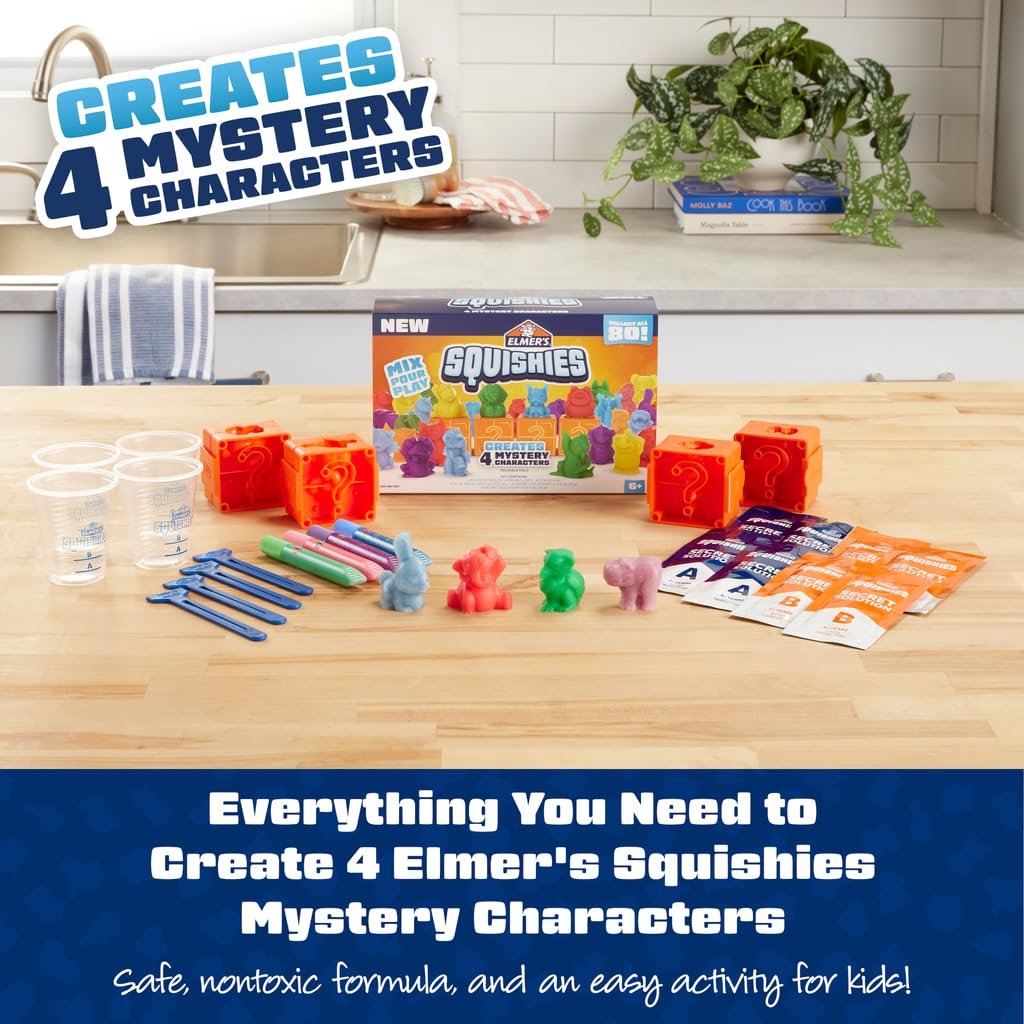 Elmer's Squishies Kids’ DIY Activity Kit – 4 Mystery Characters, 24-Piece Kit, Ages 6+