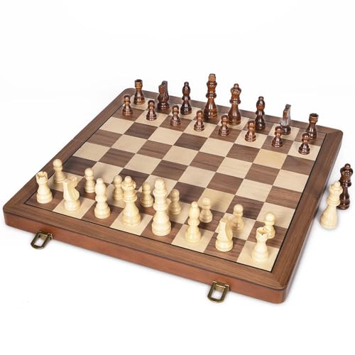 ELONGDI 15-Inch Wooden Magnetic Folding Chess Set with Extra Queens | Portable Travel Chessboard