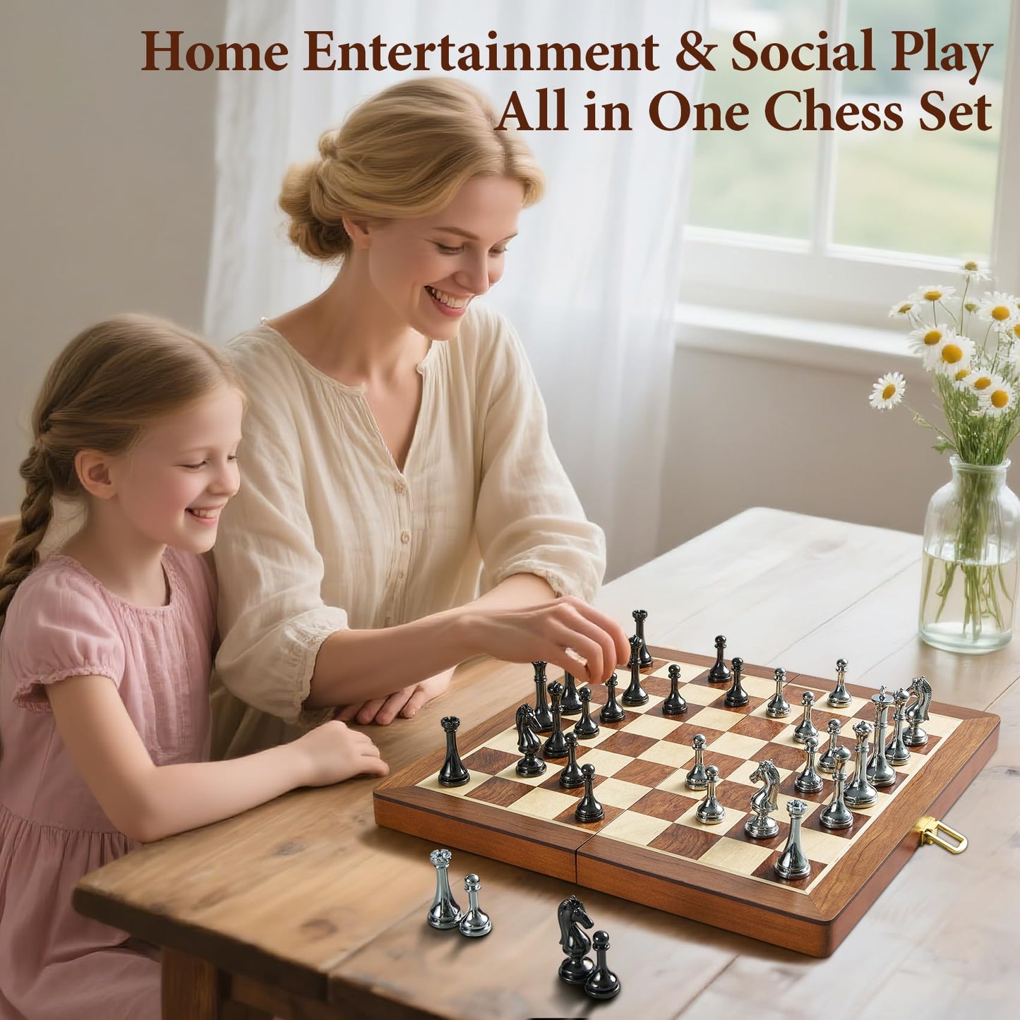 ELONGDI 12-Inch Metal Chess Set with 2.5-Inch Pieces – Portable Wooden Folding Board, Extra Queens
