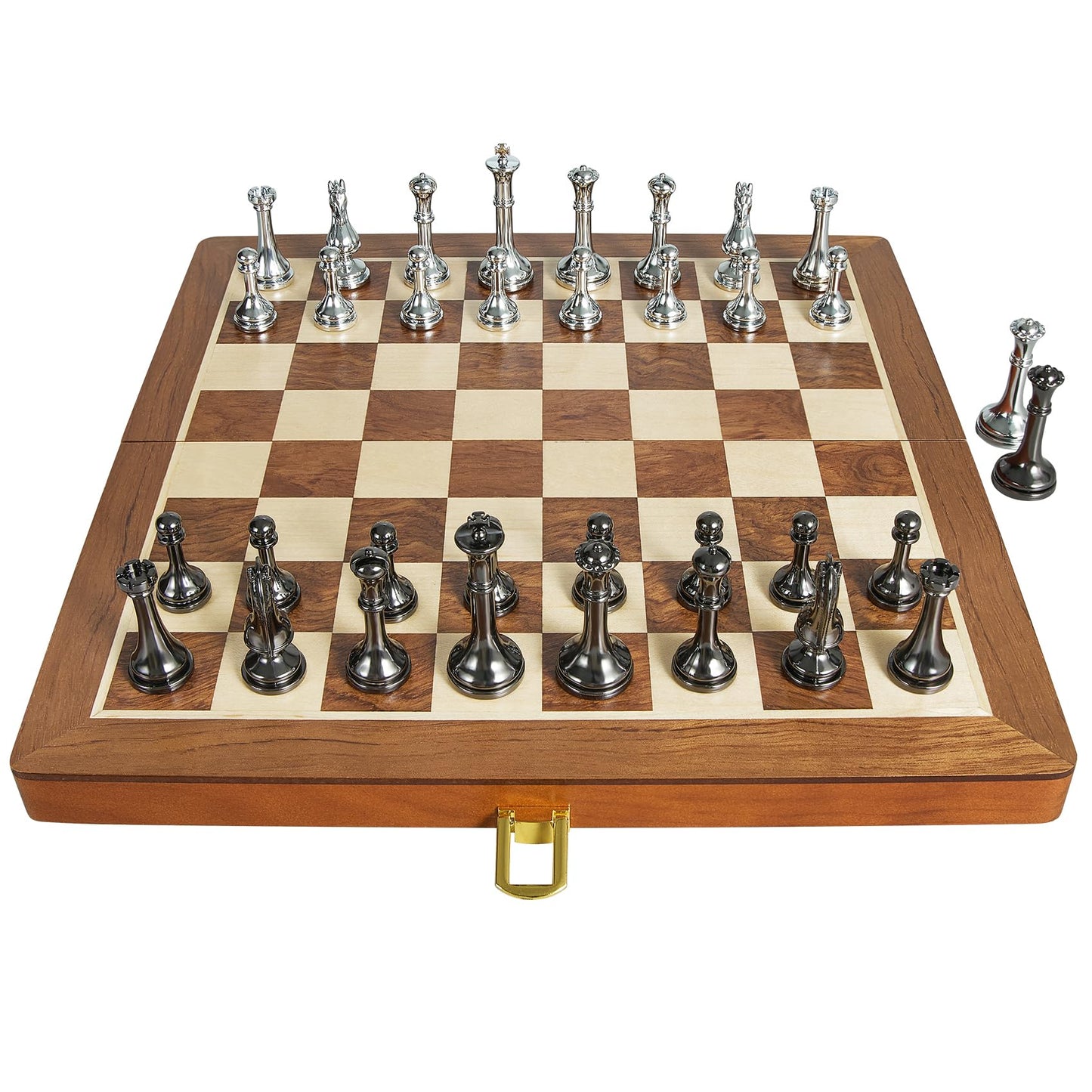 ELONGDI 12-Inch Metal Chess Set with 2.5-Inch Pieces – Portable Wooden Folding Board, Extra Queens