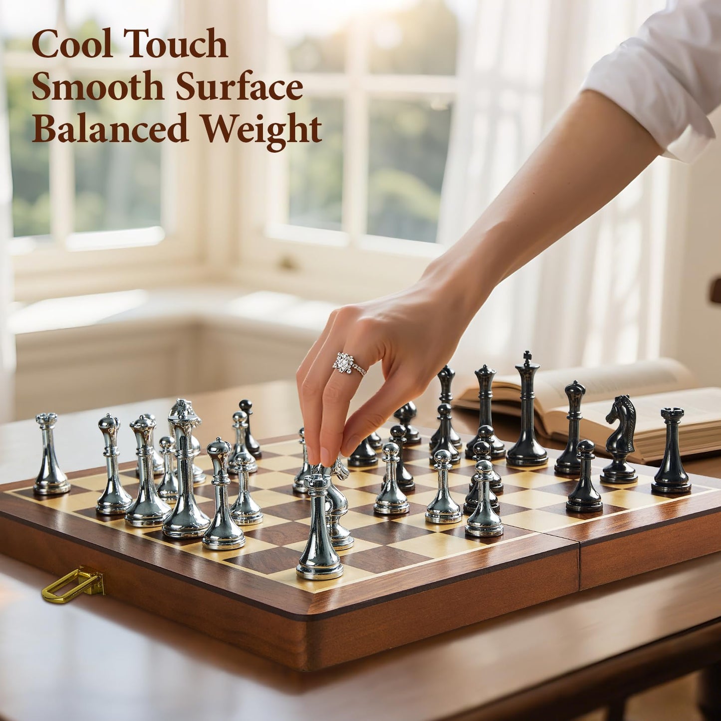 ELONGDI 12-Inch Metal Chess Set with 2.5-Inch Pieces – Portable Wooden Folding Board, Extra Queens