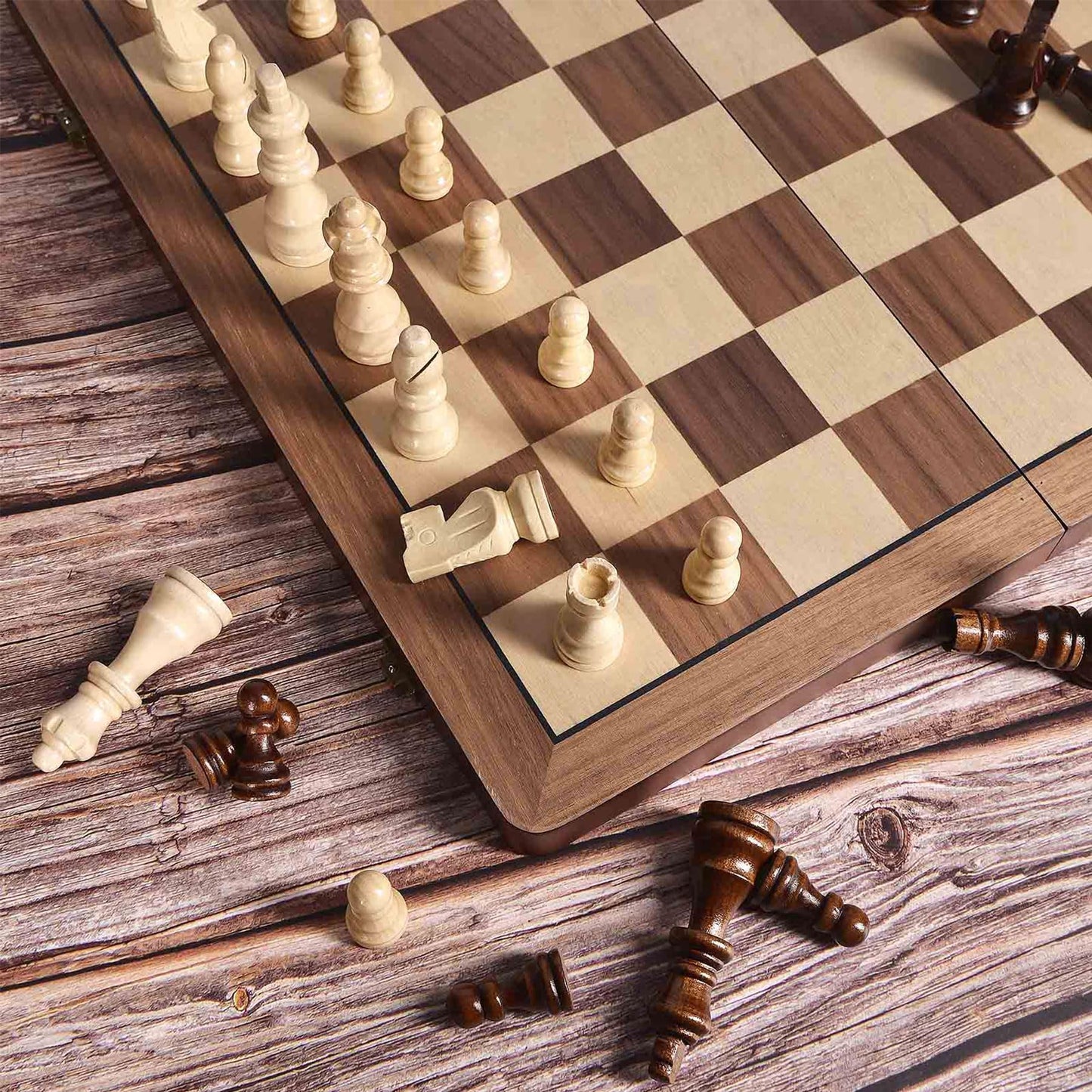 ELONGDI 15-Inch Wooden Magnetic Folding Chess Set with Extra Queens | Portable Travel Chessboard