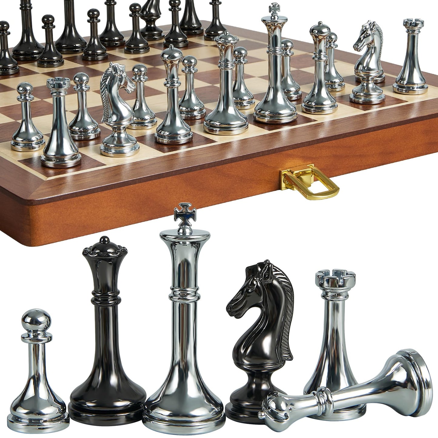 ELONGDI 12-Inch Metal Chess Set with 2.5-Inch Pieces – Portable Wooden Folding Board, Extra Queens
