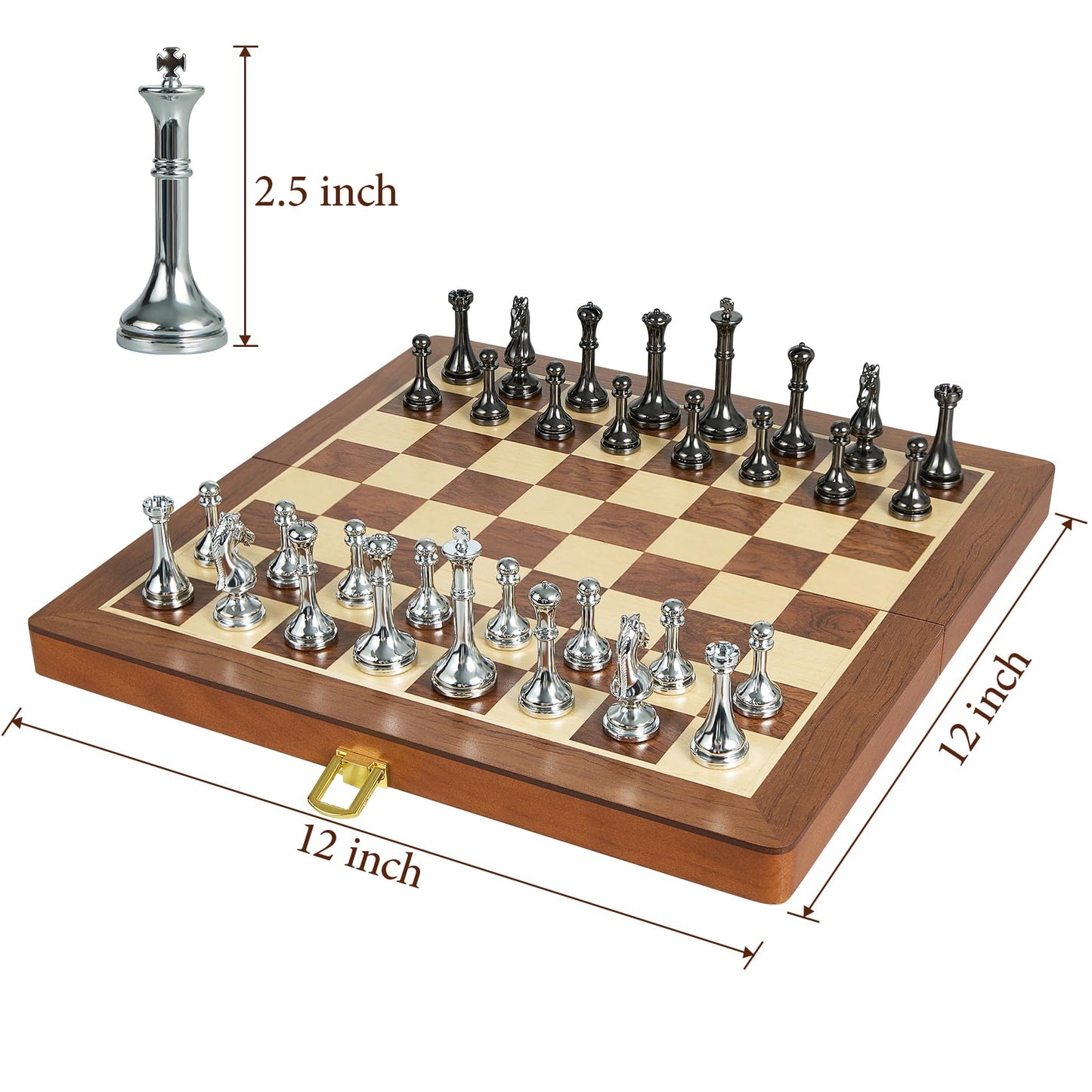 ELONGDI 12-Inch Metal Chess Set with 2.5-Inch Pieces – Portable Wooden Folding Board, Extra Queens