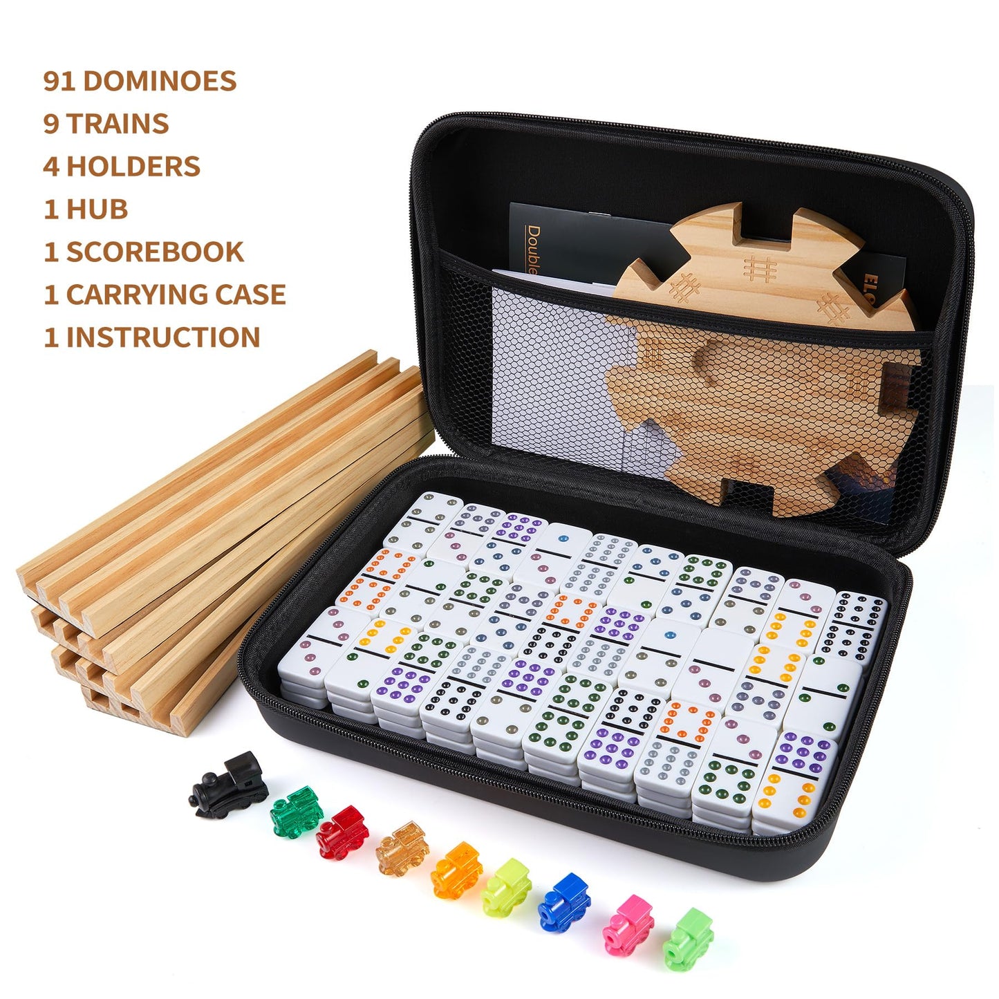 ELONGDI Mexican Train Double 12 Dominoes Set – 91 Tiles, 9 Trains, Portable Case