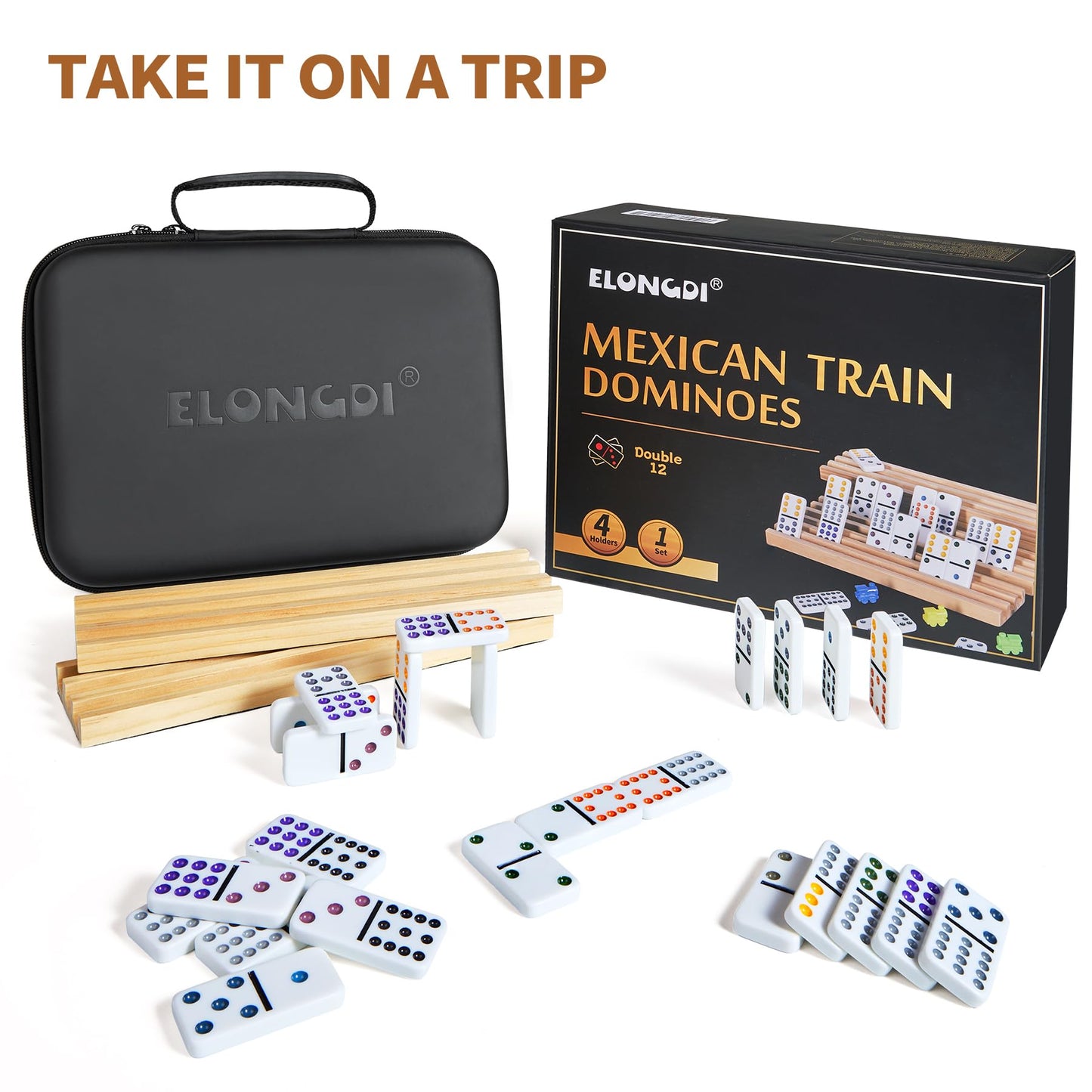 ELONGDI Mexican Train Double 12 Dominoes Set – 91 Tiles, 9 Trains, Portable Case