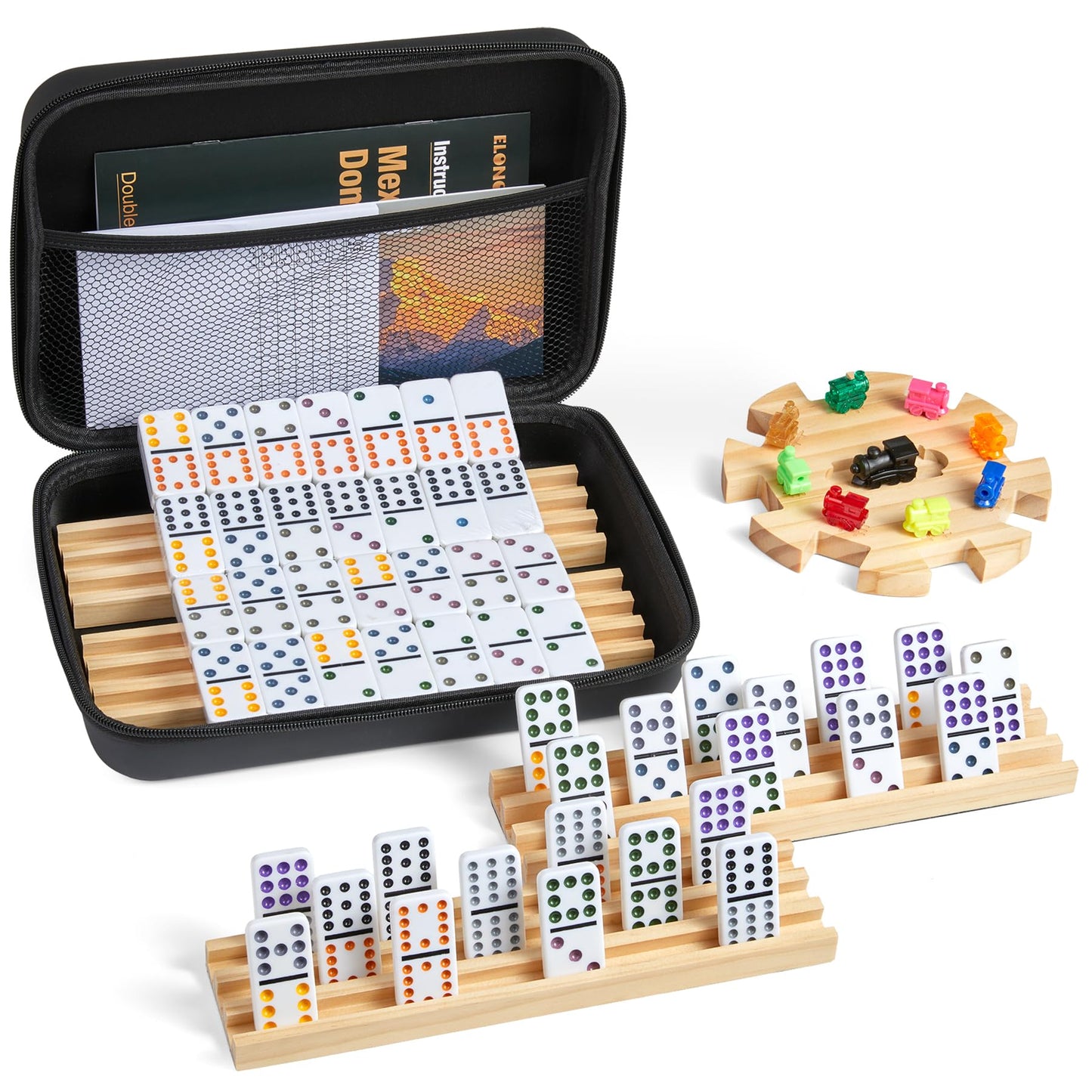 ELONGDI Mexican Train Double 12 Dominoes Set – 91 Tiles, 9 Trains, Portable Case