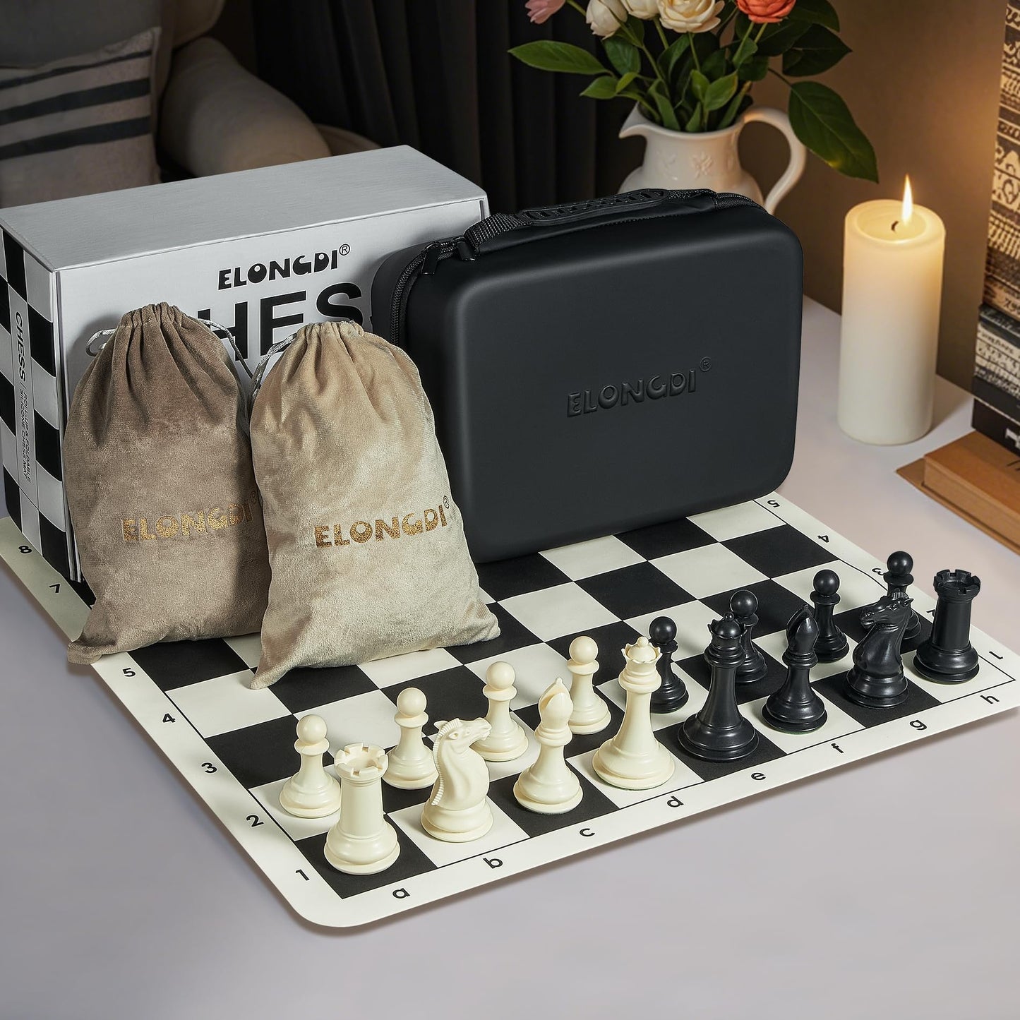 ELONGDI Tournament Chess Set – 20-inch Silicone Board, 4-inch King, 2 Extra Queens, Travel Case