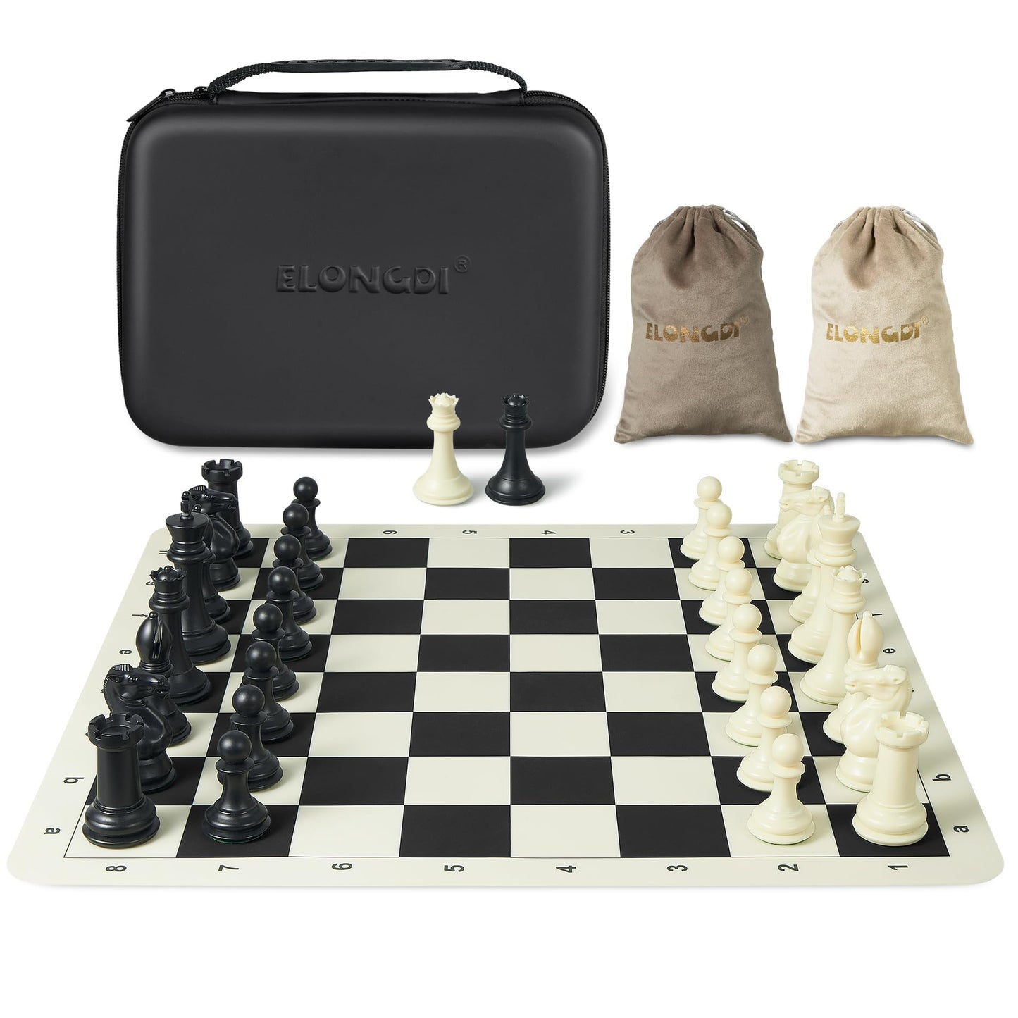 ELONGDI Tournament Chess Set – 20-inch Silicone Board, 4-inch King, 2 Extra Queens, Travel Case
