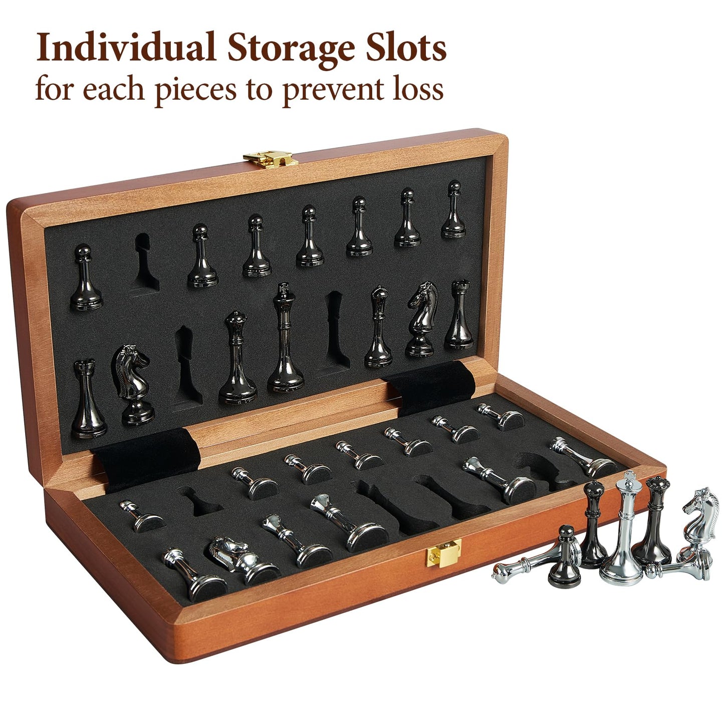 ELONGDI 12-Inch Metal Chess Set with 2.5-Inch Pieces – Portable Wooden Folding Board, Extra Queens