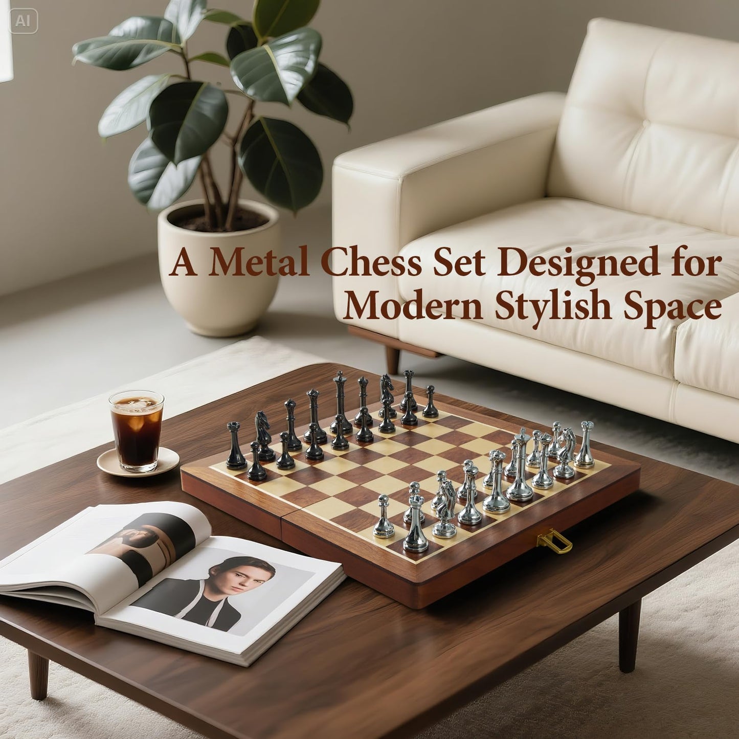 ELONGDI 12-Inch Metal Chess Set with 2.5-Inch Pieces – Portable Wooden Folding Board, Extra Queens