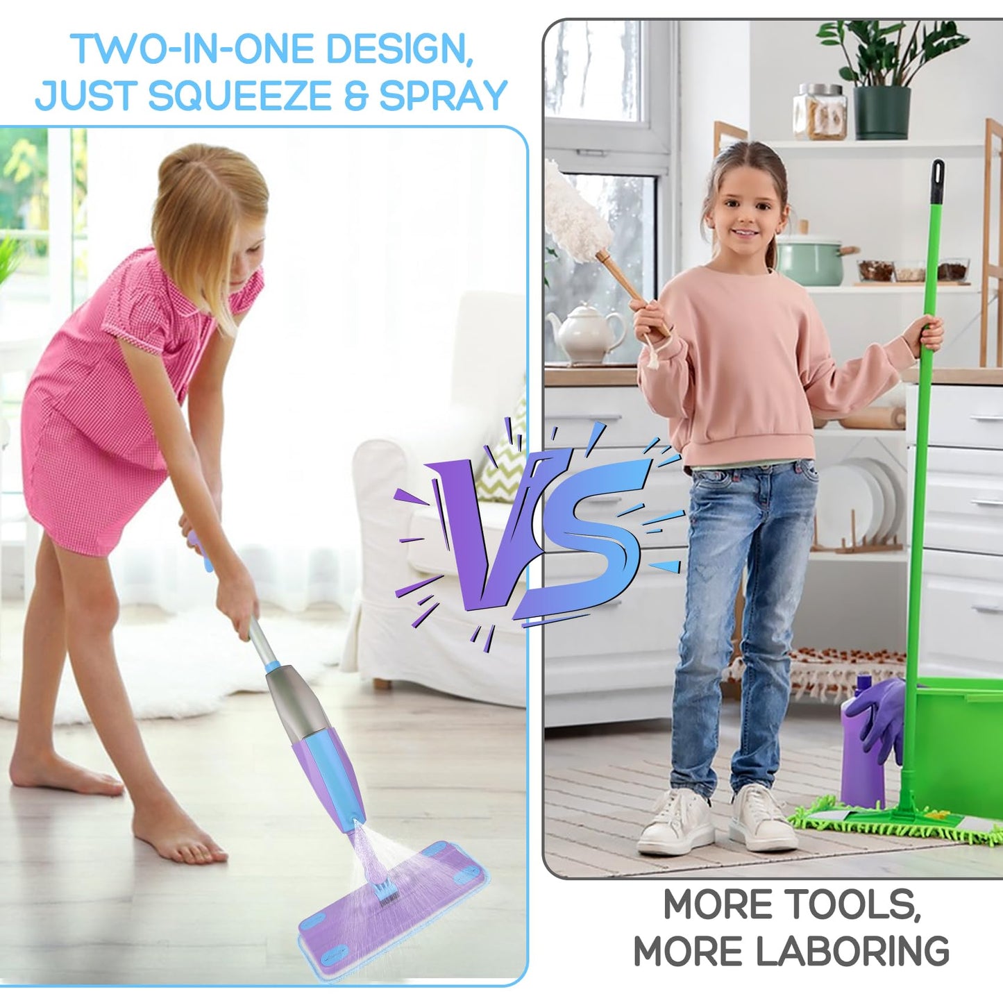 Eloslos Kids Spray Mop – Real Working Toddler Cleaning Set (Blue & Purple)