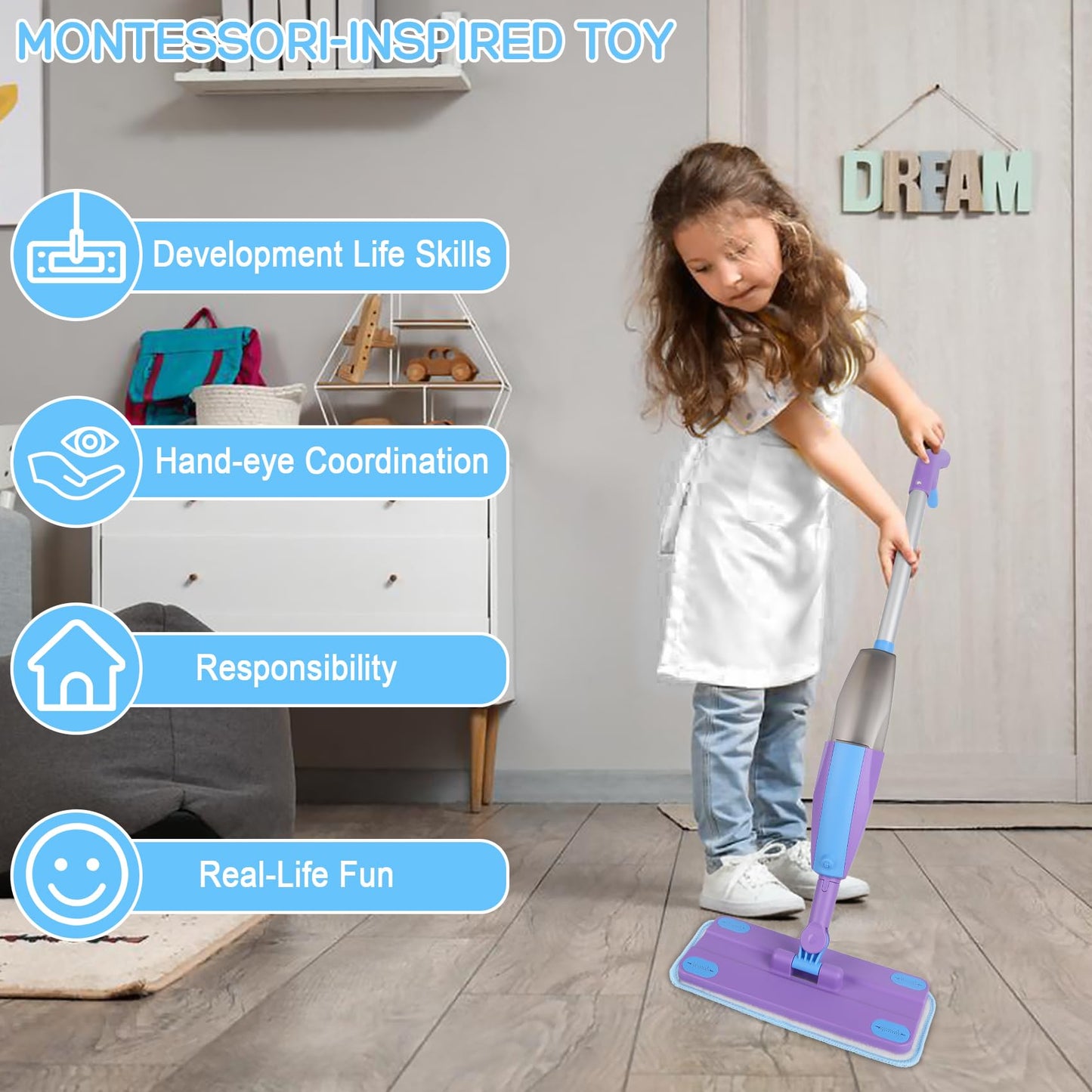 Eloslos Kids Spray Mop – Real Working Toddler Cleaning Set (Blue & Purple)