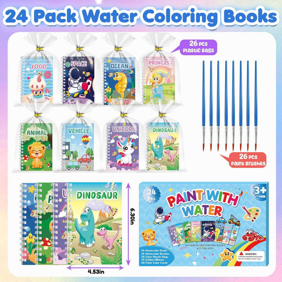 Elover 24-Pack Water Coloring Book for Kids — Bulk Party Favors and Arts & Crafts (Ages 4-8)