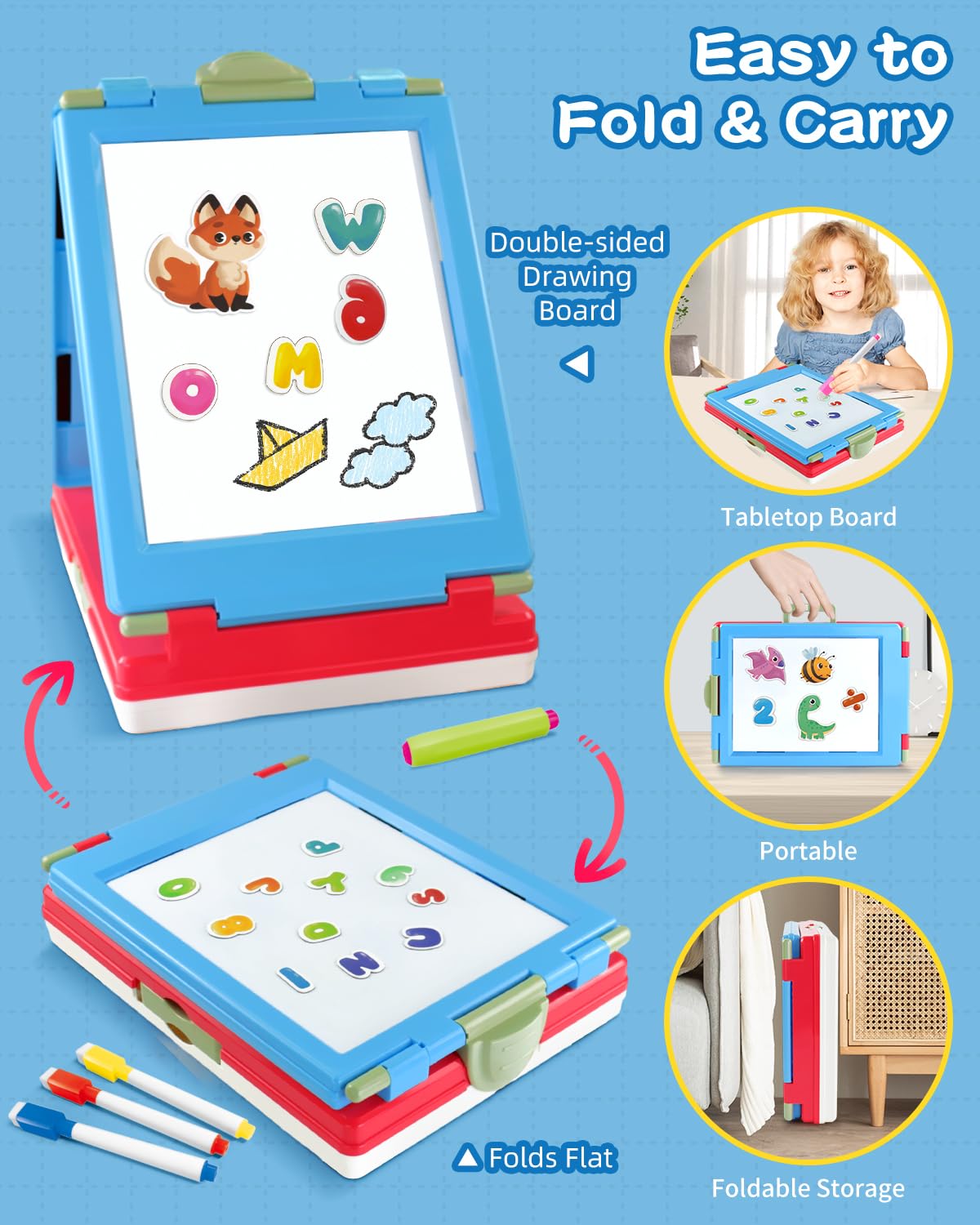 Elovien Easel for Kids – 4-in-1 Double-Sided Tabletop Easel (Blue)