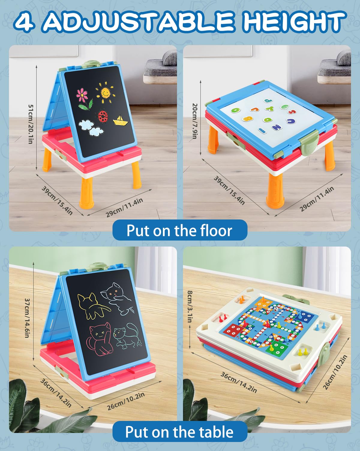 Elovien Easel for Kids – 4-in-1 Double-Sided Tabletop Easel (Blue)
