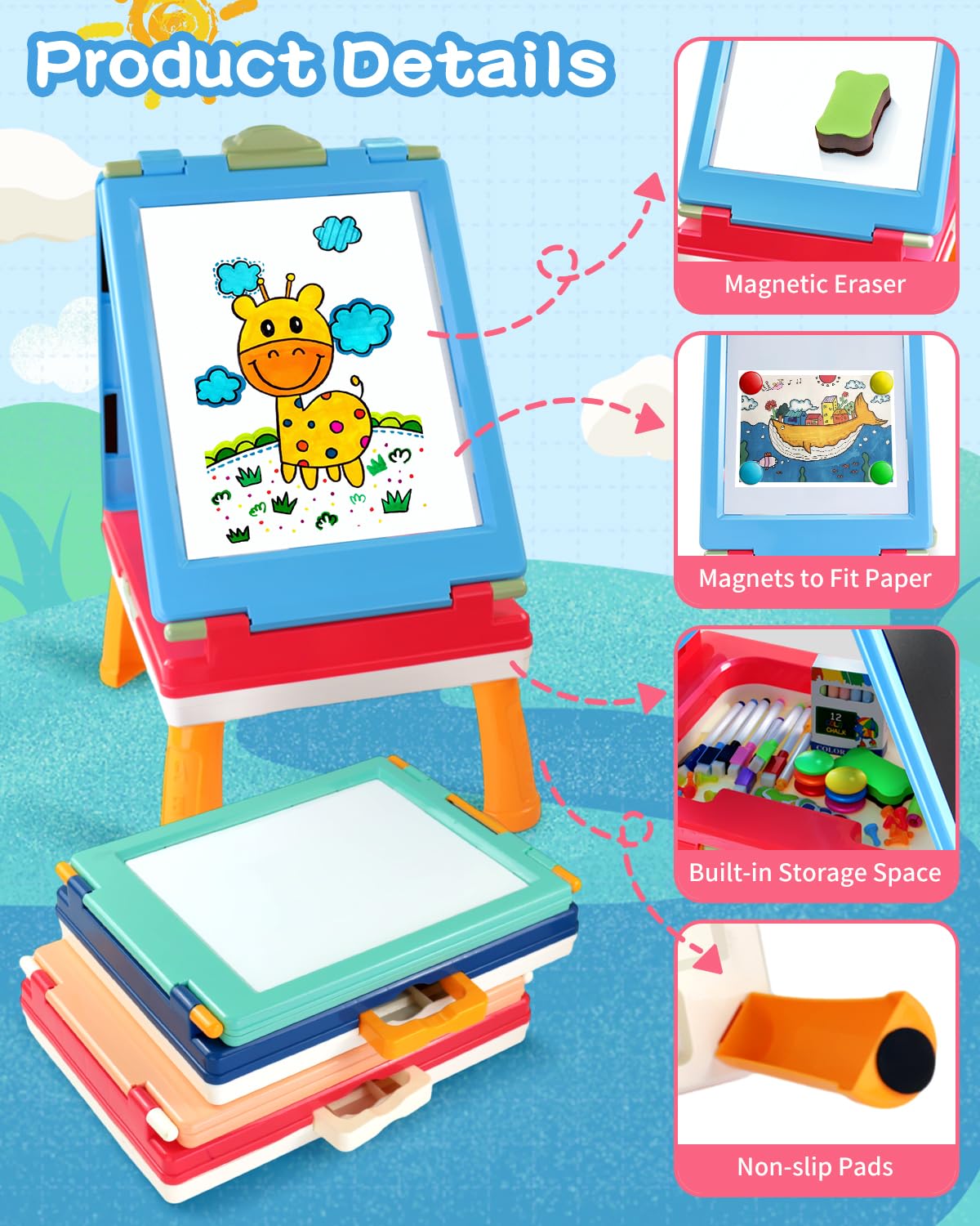 Elovien Easel for Kids – 4-in-1 Double-Sided Tabletop Easel (Blue)