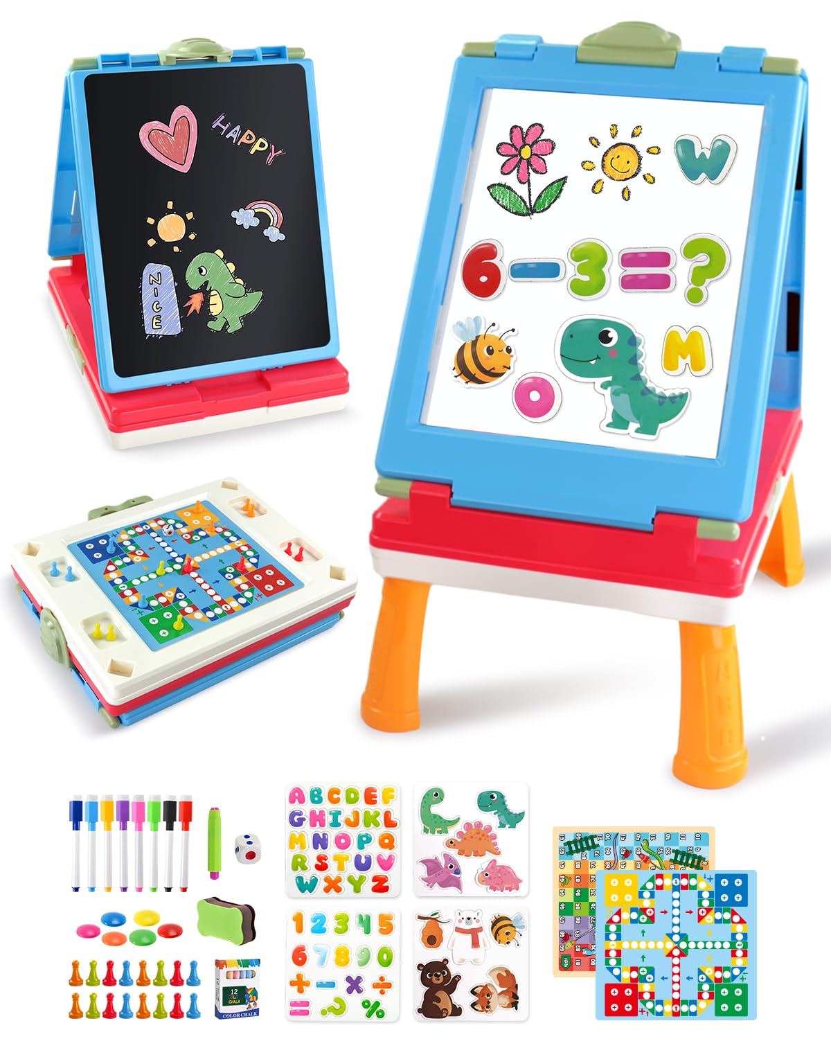 Elovien Easel for Kids – 4-in-1 Double-Sided Tabletop Easel (Blue)