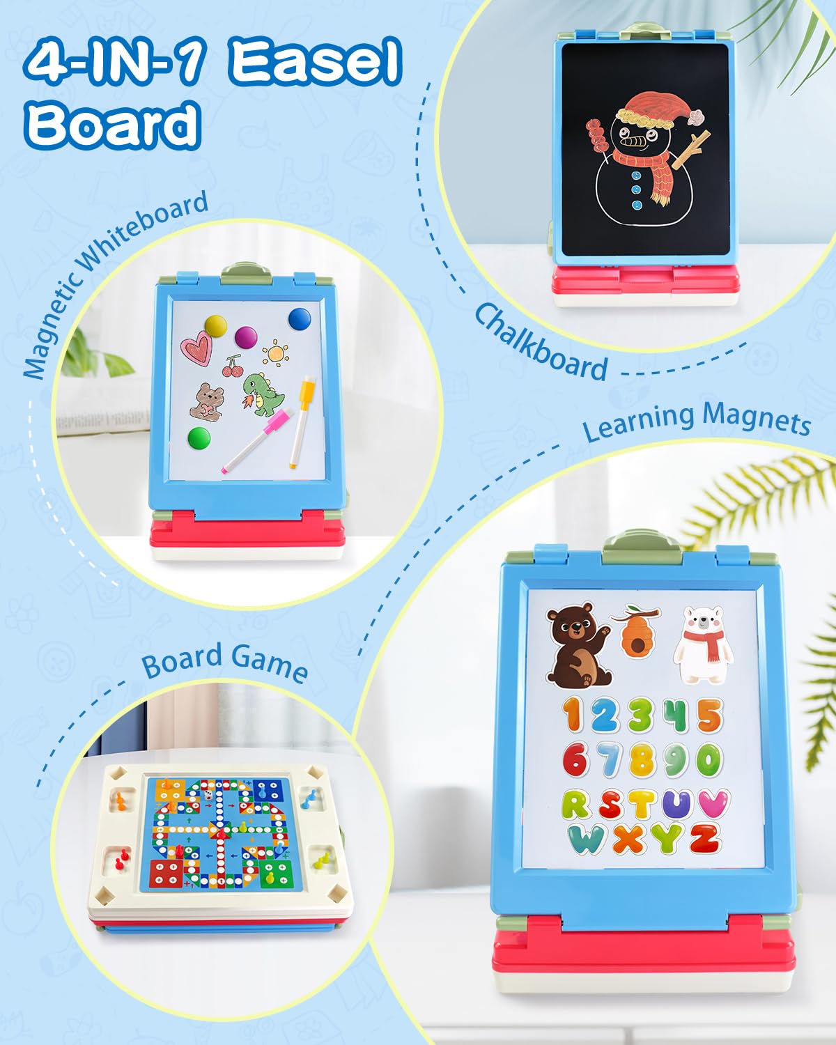 Elovien Easel for Kids – 4-in-1 Double-Sided Tabletop Easel (Blue)