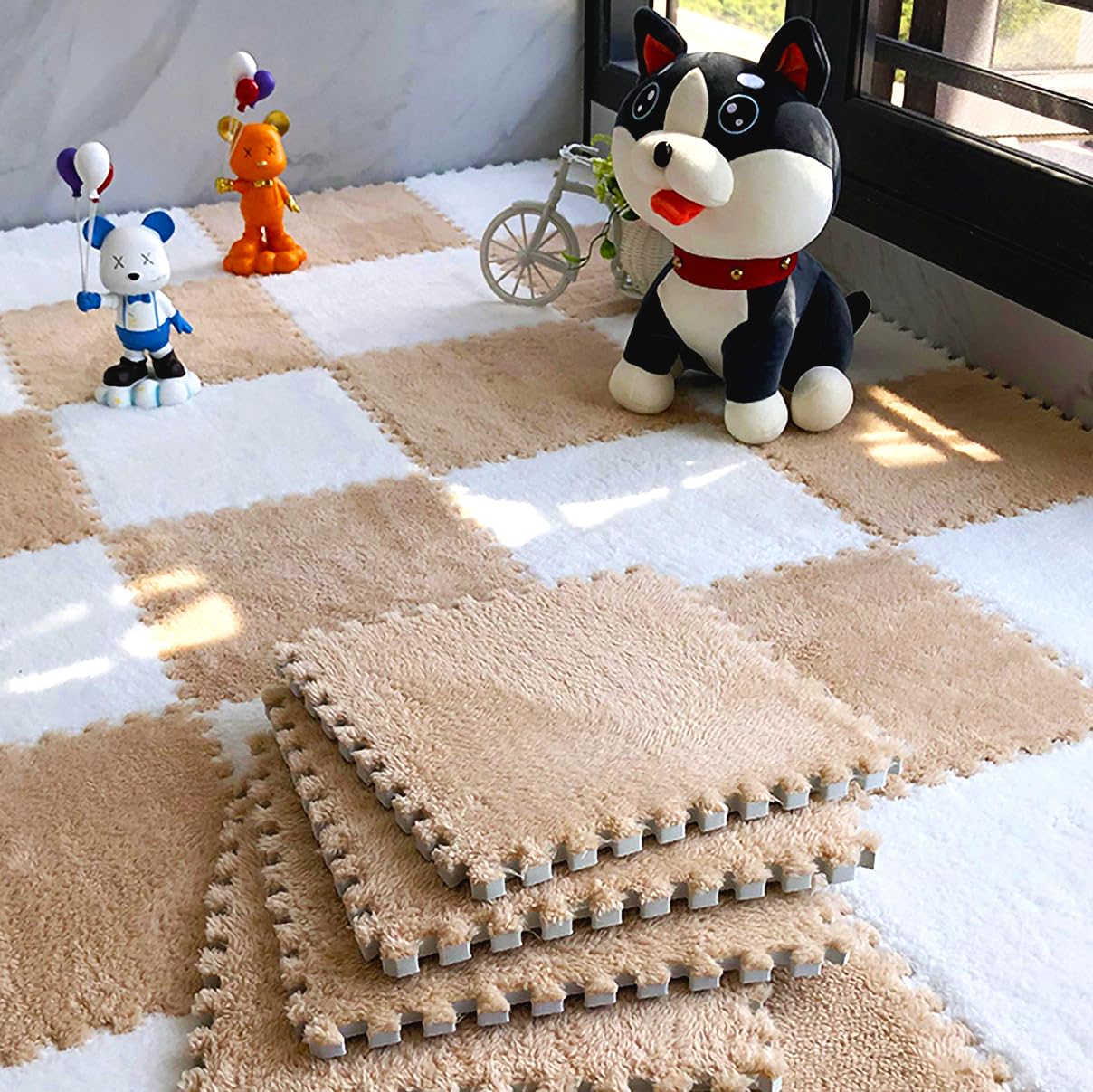 Eluleegc 12pcs Interlocking Carpet Squares – 11.8in EVA Foam Play Mat for Baby & Nursery (Khaki)