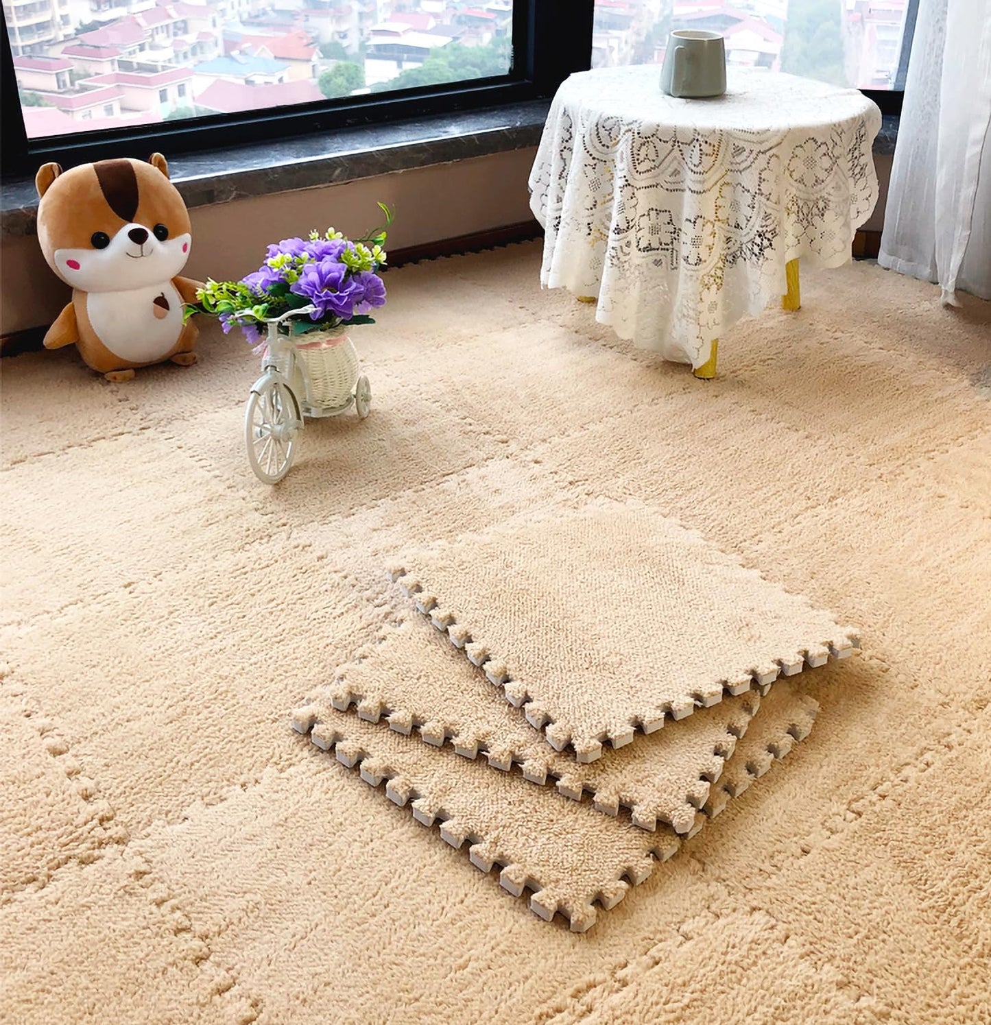 Eluleegc 12pcs Interlocking Carpet Squares – 11.8in EVA Foam Play Mat for Baby & Nursery (Khaki)